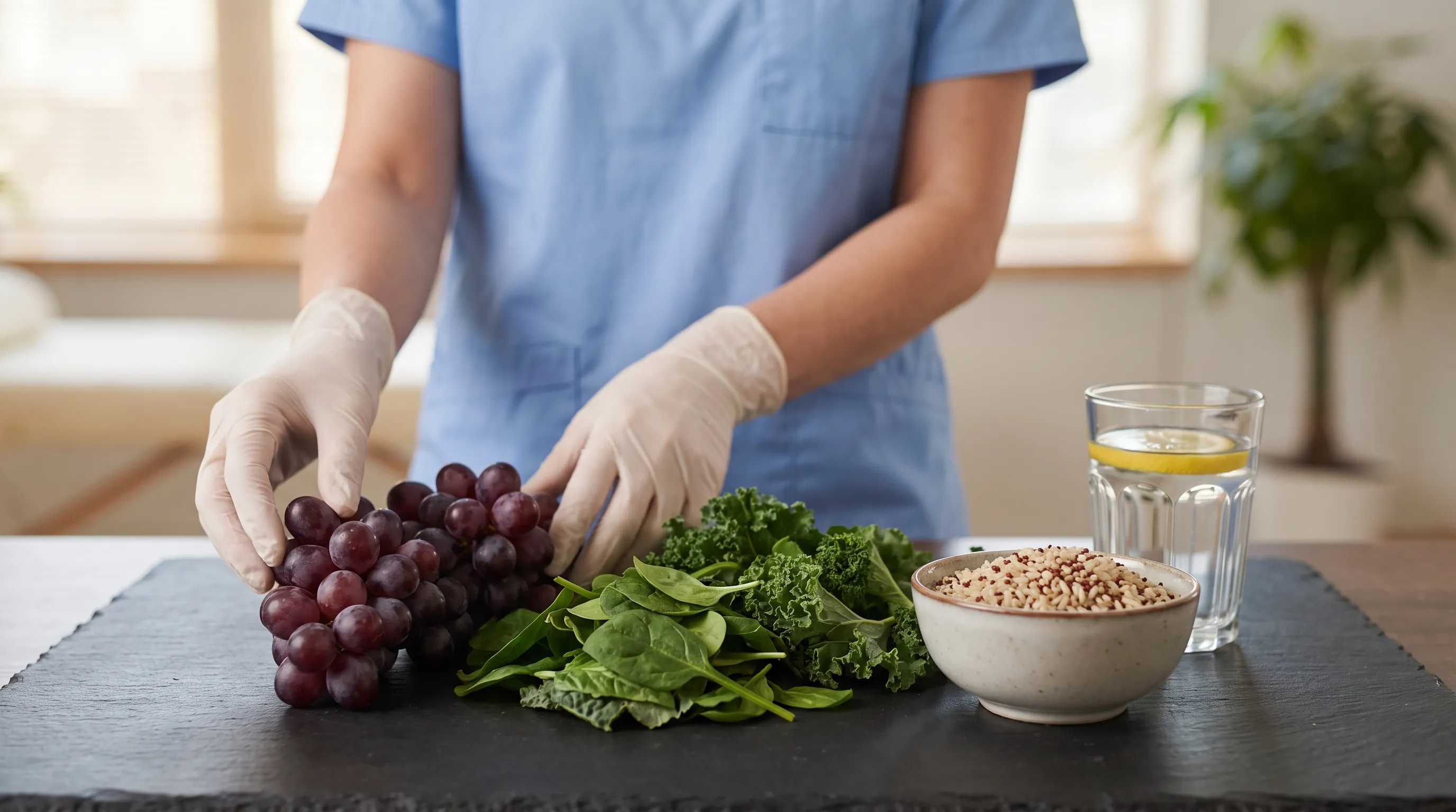 A clinical nutritionist's workspace featuring fresh purple grapes arranged beside a nutrient analysis chart, a glass beaker, and digital tablets displaying metabolic health metrics, bathed in soft natural light with gray and blue undertones