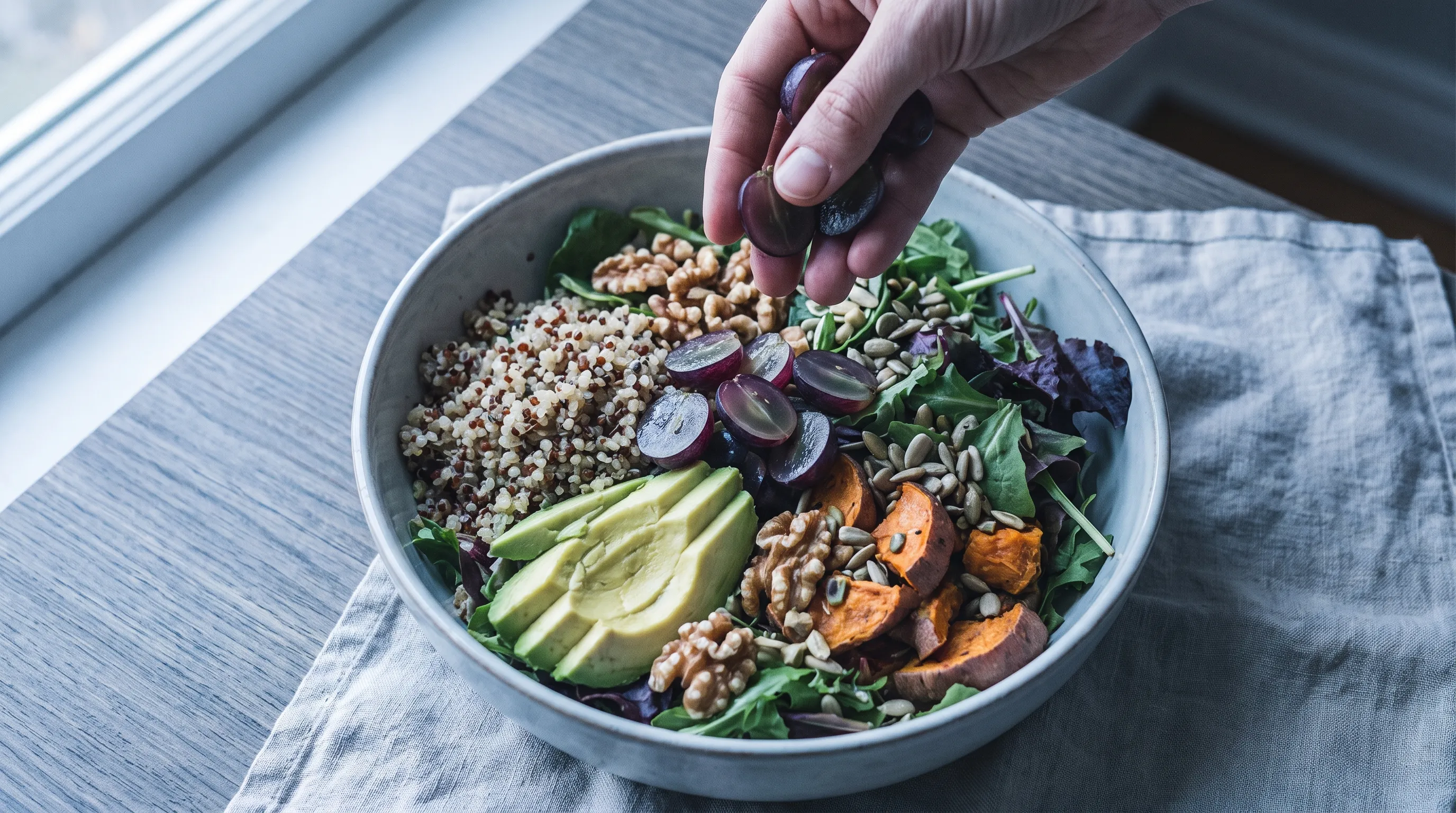A lifestyle scene showing a balanced meal preparation with fresh purple grapes, mixed greens, quinoa, and a side of Greek yogurt, arranged on a minimalist ceramic plate under diffused daylight