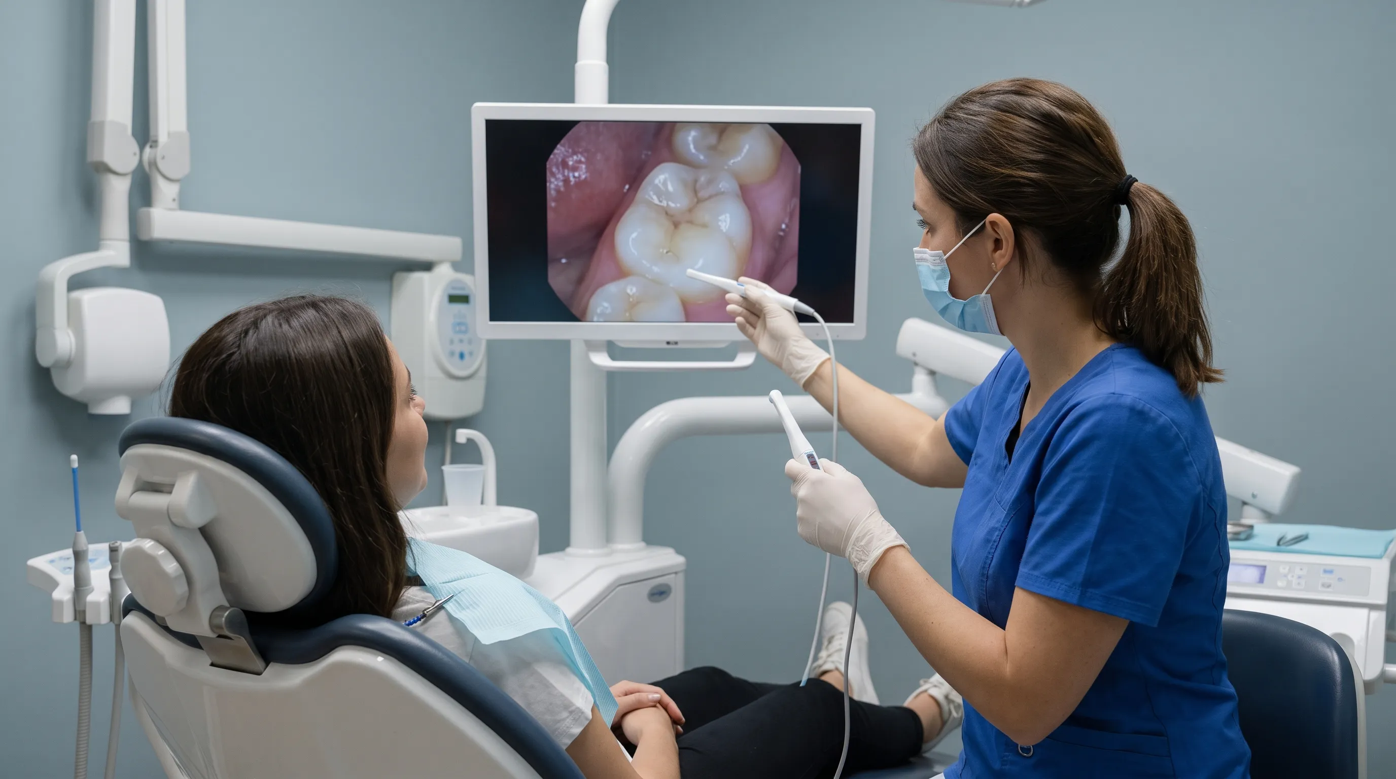 Zahnärztin untersucht mithilfe einer intraoralen Kamera und digitaler Bildgebung die Zahnstruktur einer Patientin in einer klinischen Umgebung