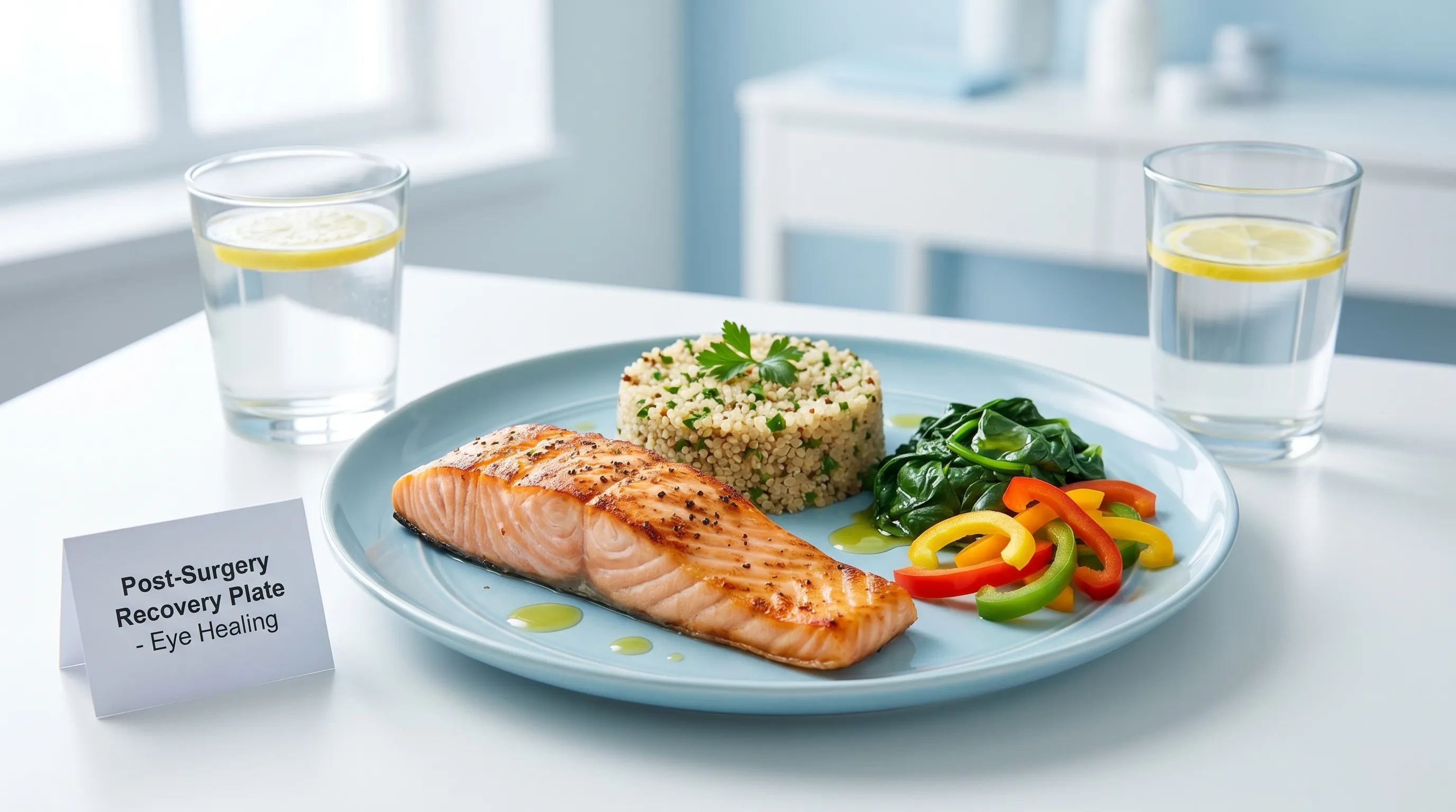 Close-up of a balanced post-surgery recovery plate featuring grilled salmon, quinoa, steamed spinach, and sliced bell peppers alongside a glass of clear water, set against a clean clinical background.