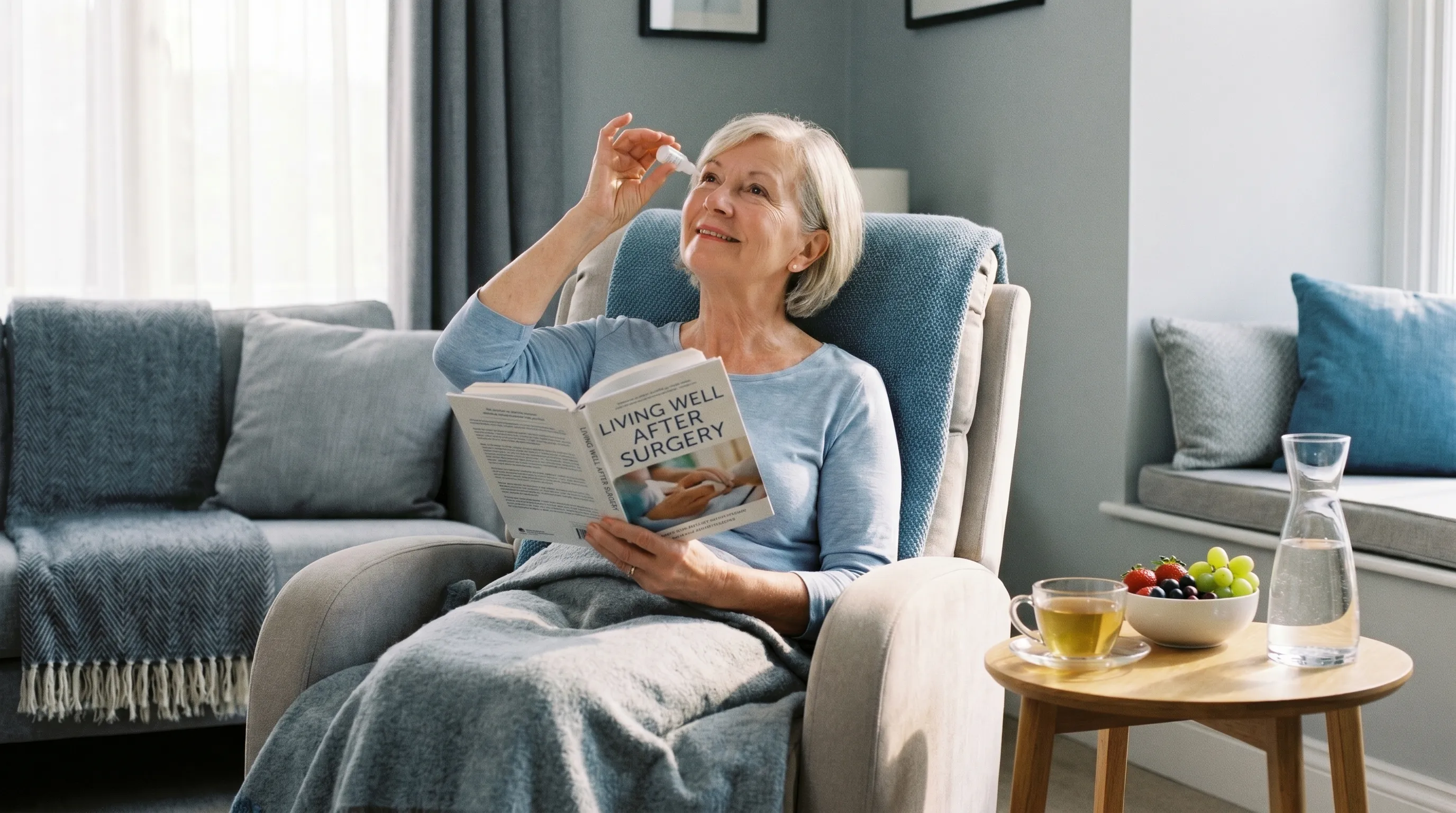 A senior patient sitting comfortably at home applying prescribed eye drops, with a side table featuring herbal tea, fresh fruit slices, and a glass of water in a calm, softly lit room.