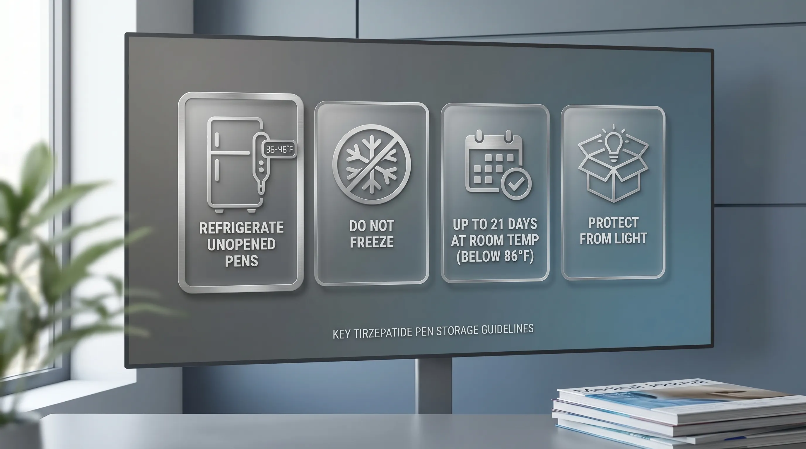 An infographic showing key storage rules for tirzepatide pens: a refrigerator icon with the temperature 36-46°F, a 'do not freeze' symbol, a calendar icon showing 21 days for room temperature, and an icon of a carton protecting from light.