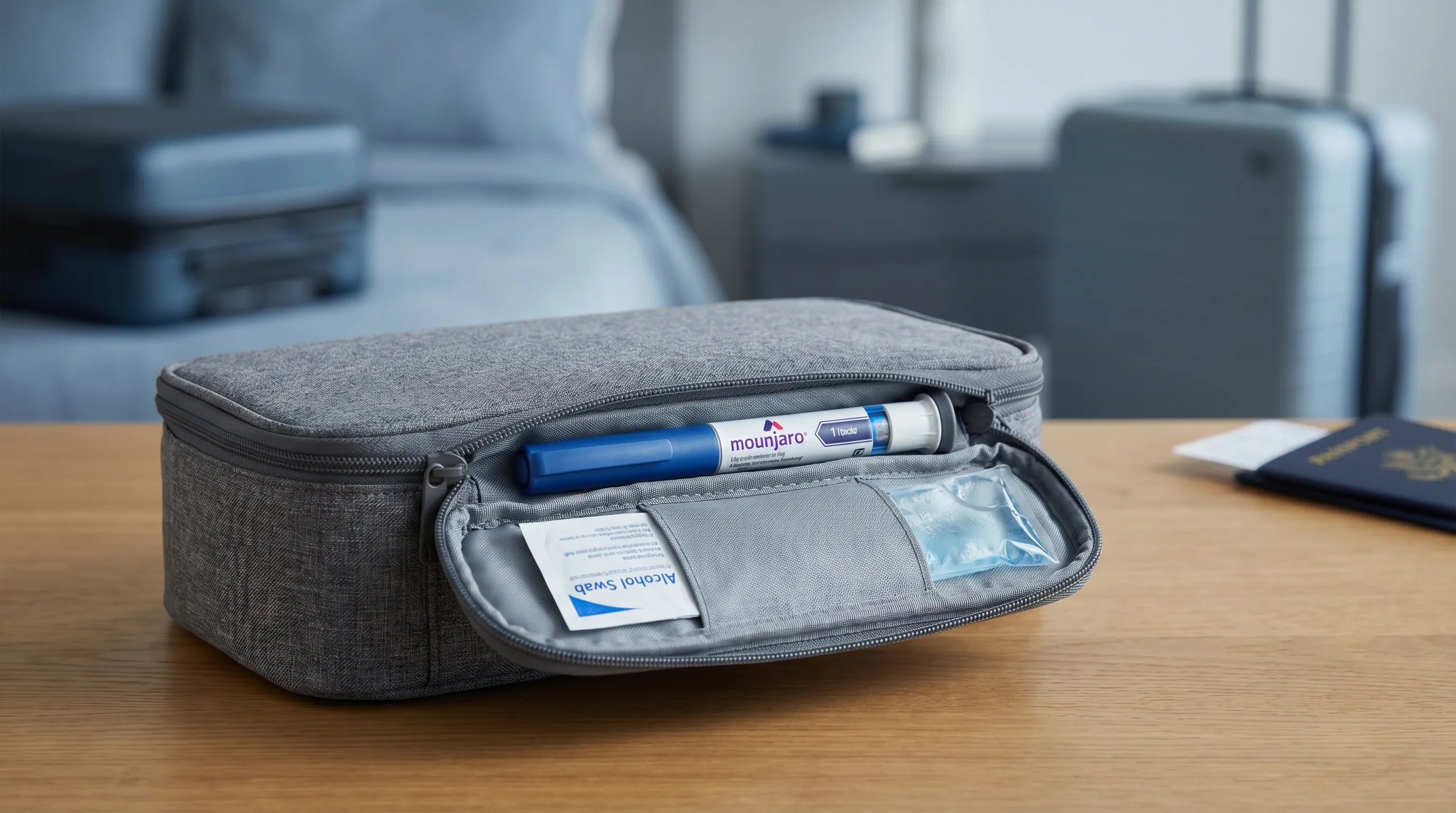 An insulated medical travel bag containing a Mounjaro pen, an alcohol swab, and a small, reusable ice pack, ready for a trip.