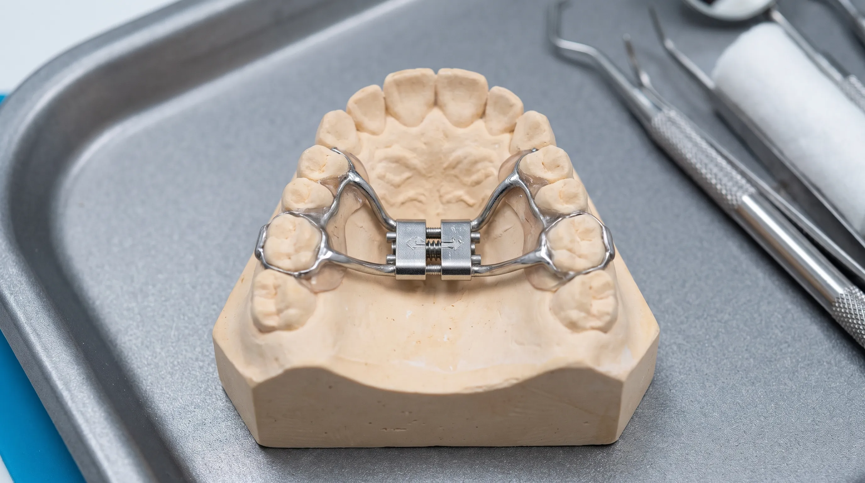 A close-up, highly detailed clinical photograph of an orthodontic expander device positioned on an upper dental arch model, showing the central screw mechanism and bonding pads, set against a sterile gray surgical tray background
