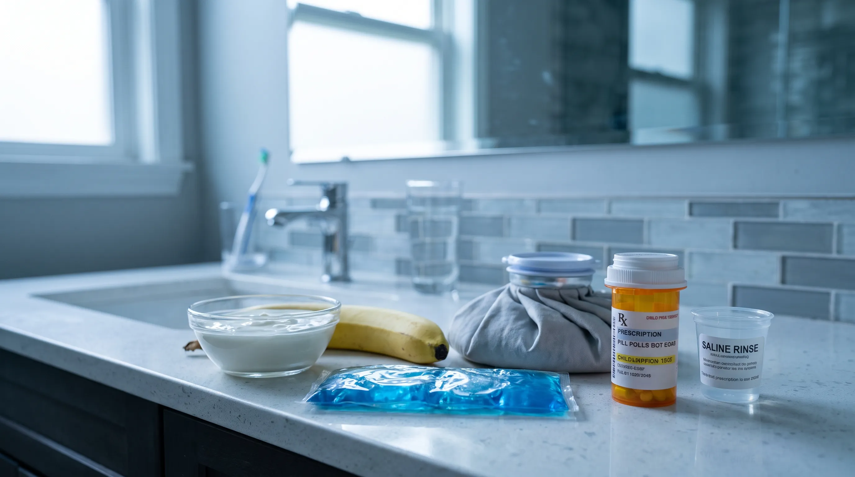 A patient recovery lifestyle scene featuring soft foods, ice packs, a prescription medication bottle, and a saline rinse cup neatly arranged on a clean bathroom counter, captured in soft blue and gray lighting