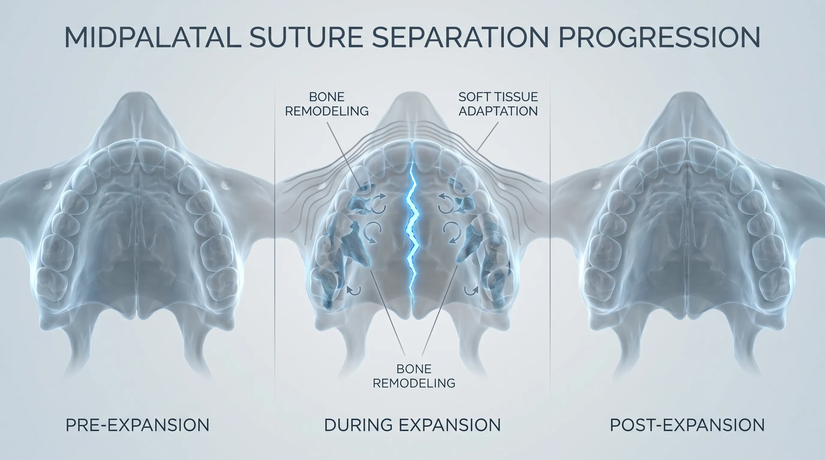 A 3D medical illustration showing the anatomical progression of midpalatal suture separation during maxillary expansion, highlighting bone remodeling and soft tissue adaptation, styled in professional medical blue and gray tones