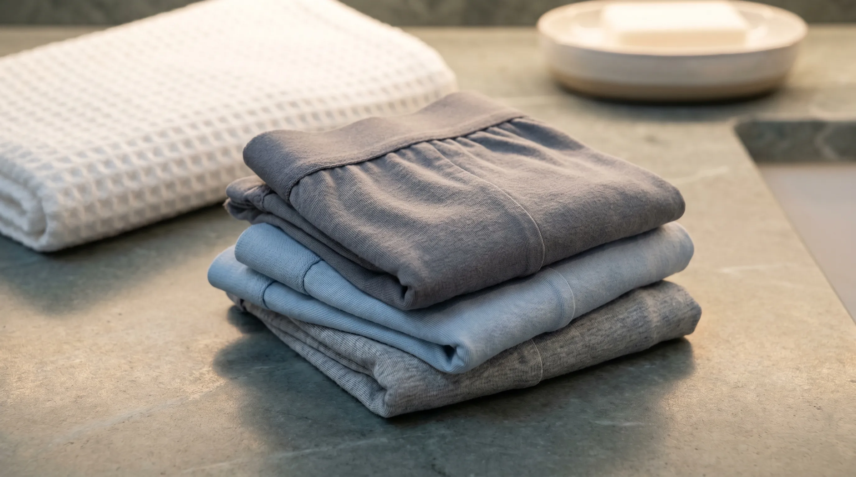 Descriptive image of soft cotton underwear and moisture-wicking athletic shorts arranged on a clean wellness counter with neutral lighting