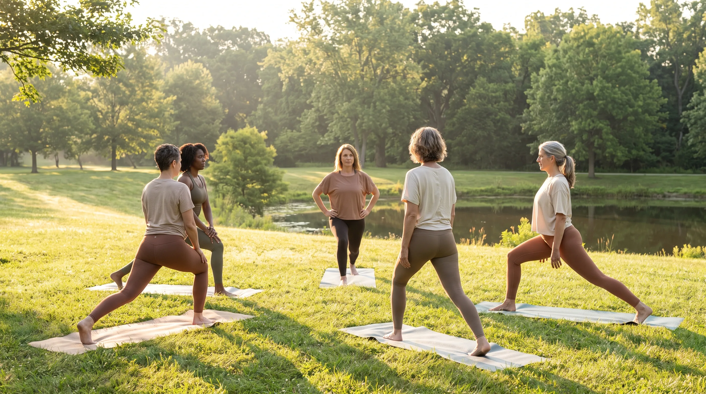 Grupo diverso de mujeres maduras que practica yoga suave en un estudio iluminado por el sol, con luz natural tenue, respiración concentrada, ropa deportiva cómoda y ambiente tranquilo, proporción 4:3