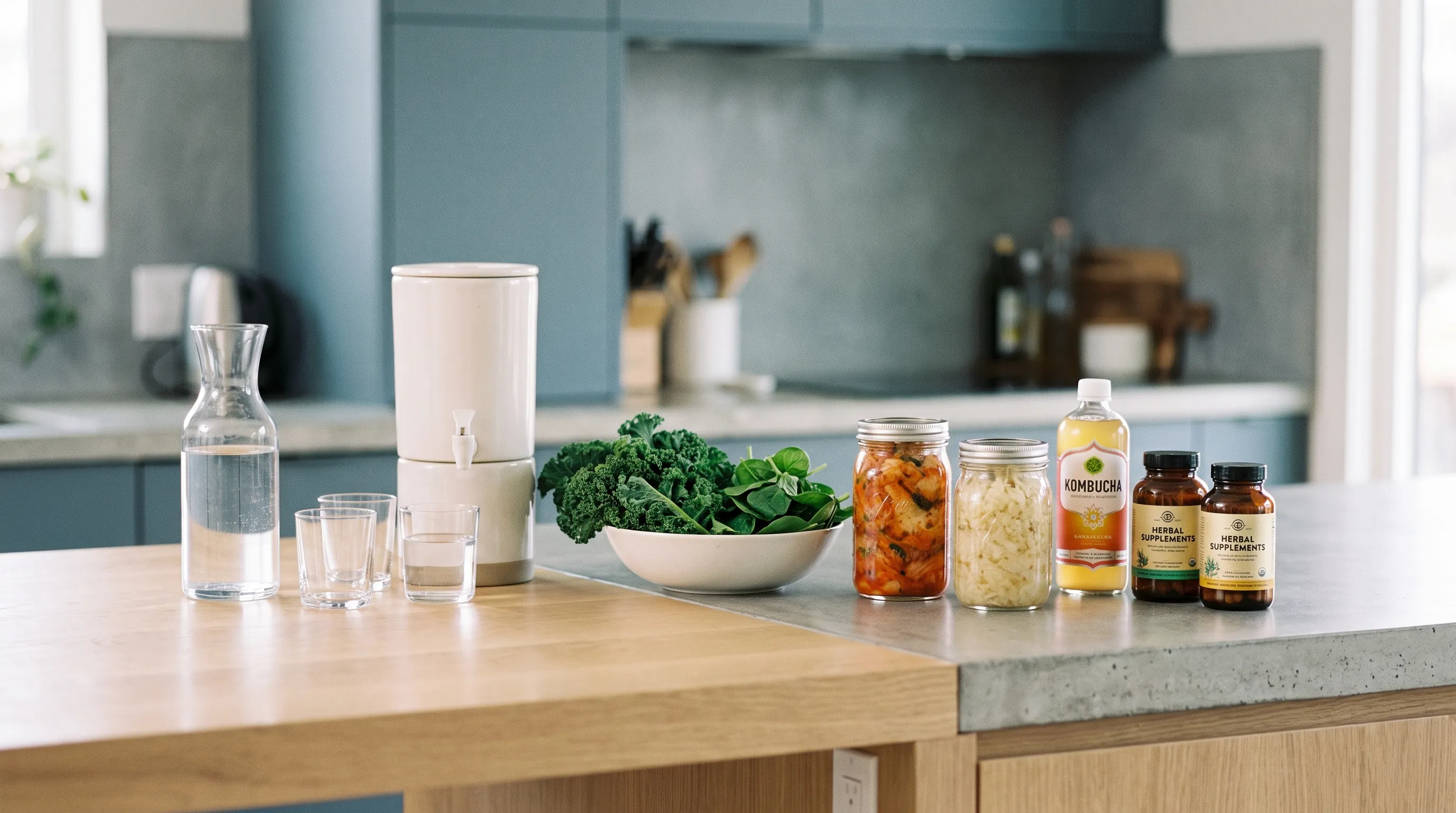 Encimera de cocina organizada con elementos esenciales de hidratación, verduras frescas, alimentos fermentados y suplementos herbales bajo luz natural tenue con tonos apagados grises y azules, proporción 4:3