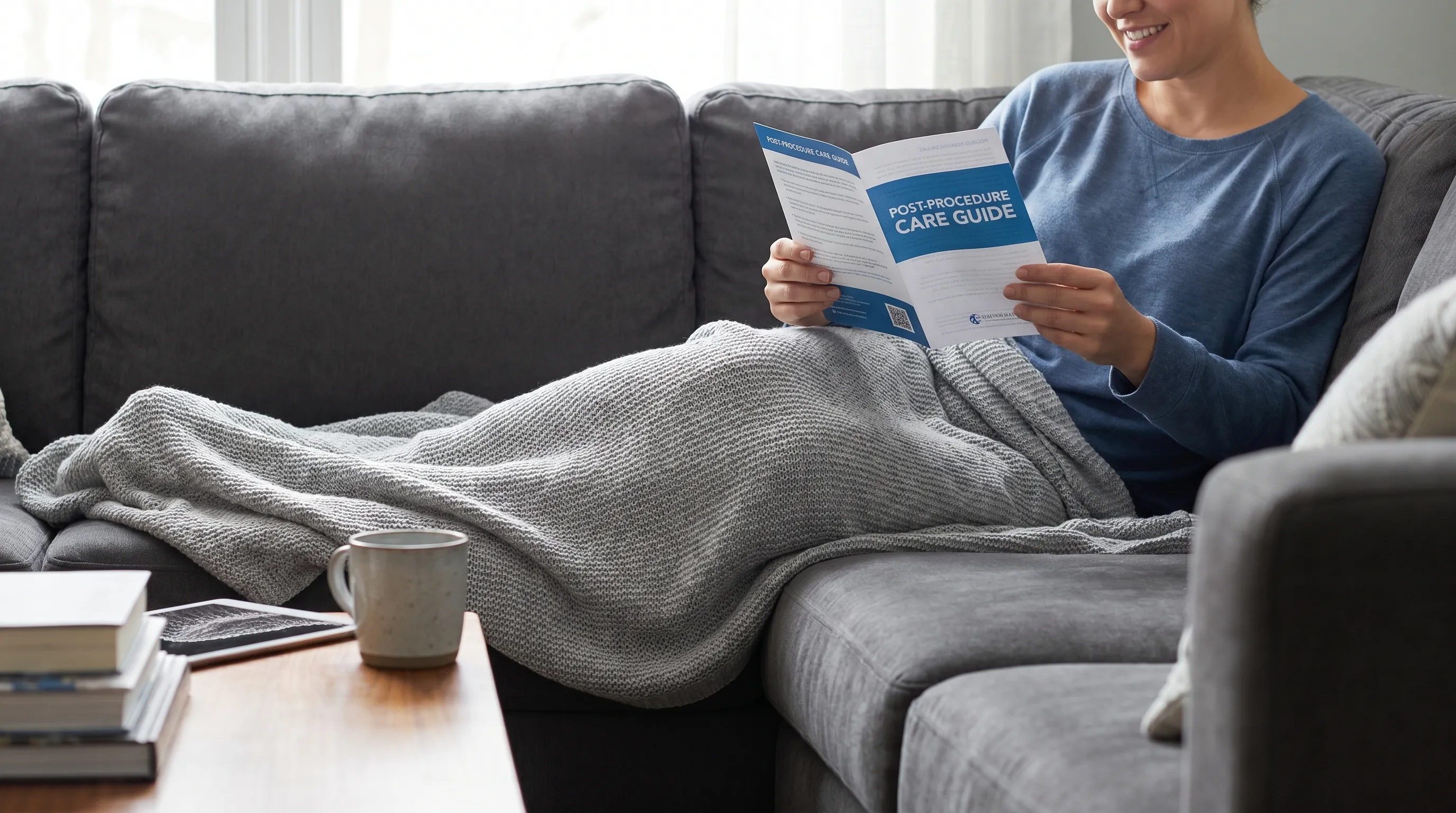 A patient recovering comfortably on a home sofa, checking a post-procedure care pamphlet, soft natural lighting, gray and blue color palette, lifestyle photography style