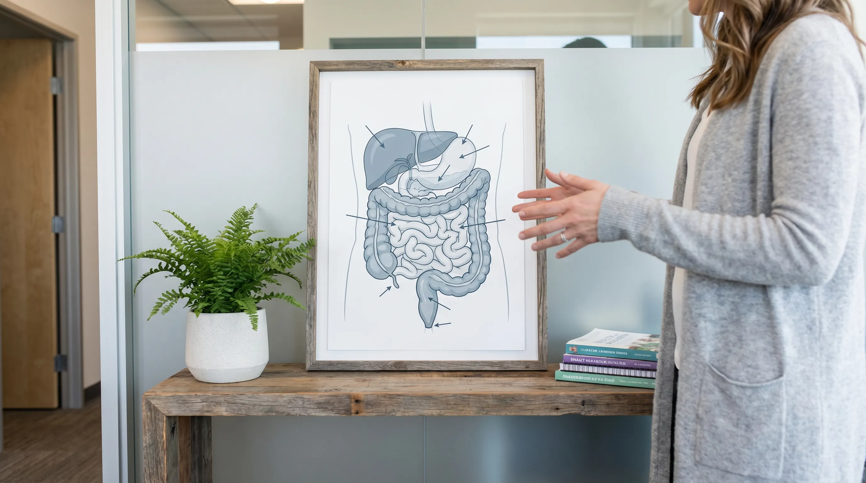 A diagram of the human digestive system, highlighting the stomach, small and large intestines.