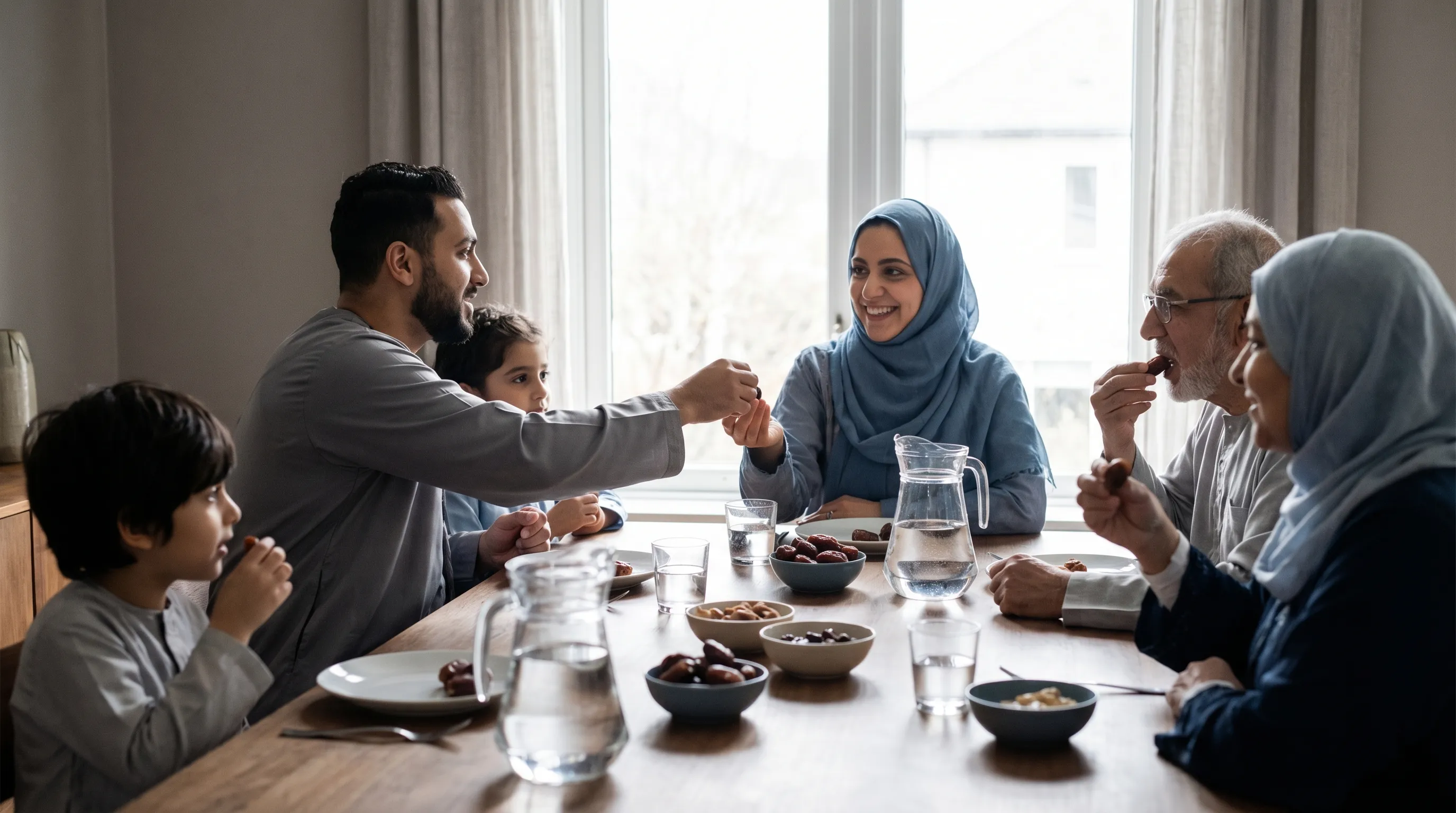 A family breaks their fast during Ramadan with traditional dates and water.