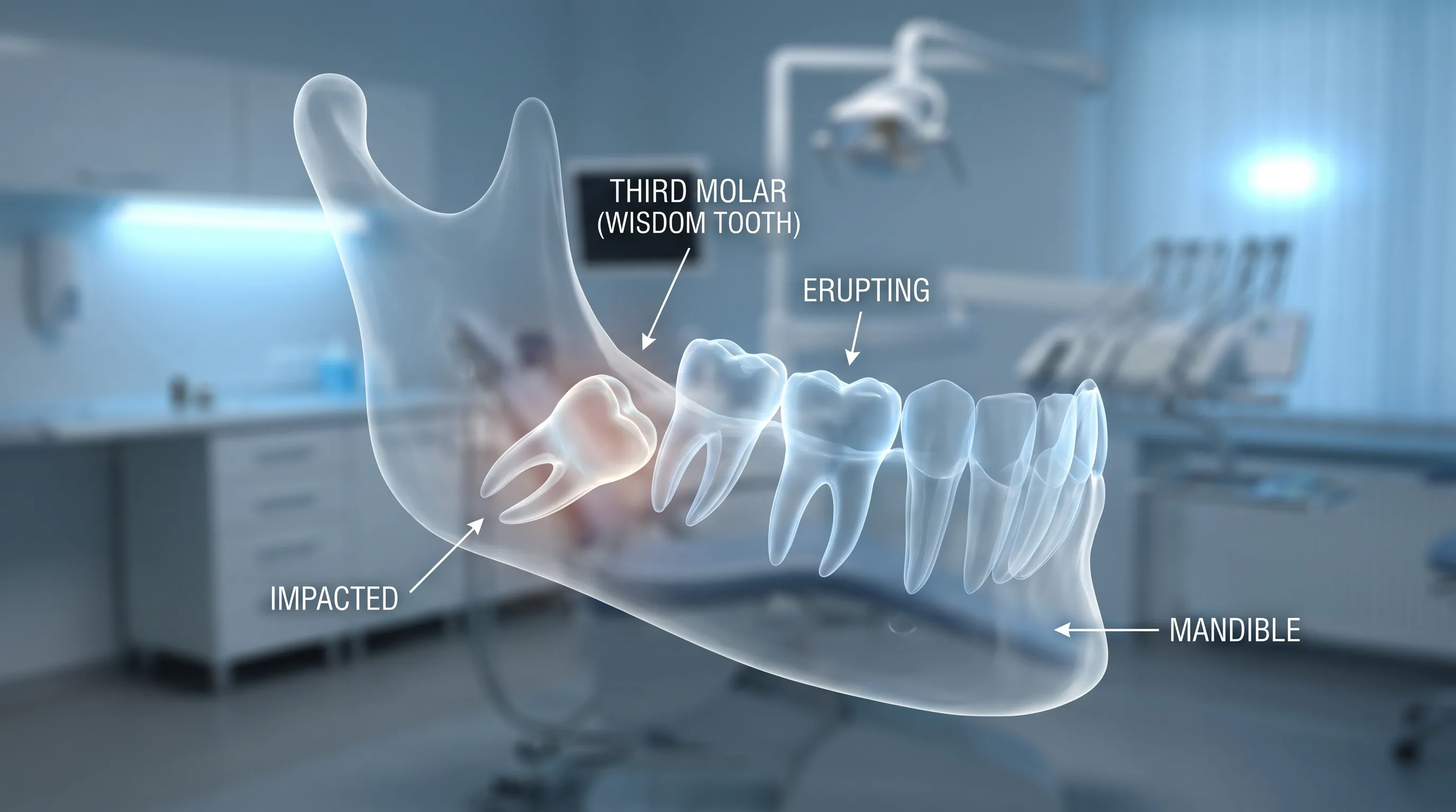 A detailed anatomical illustration overlay showing a human jaw with developing third molars in various eruption positions, set against a clean clinical background with subtle blue lighting