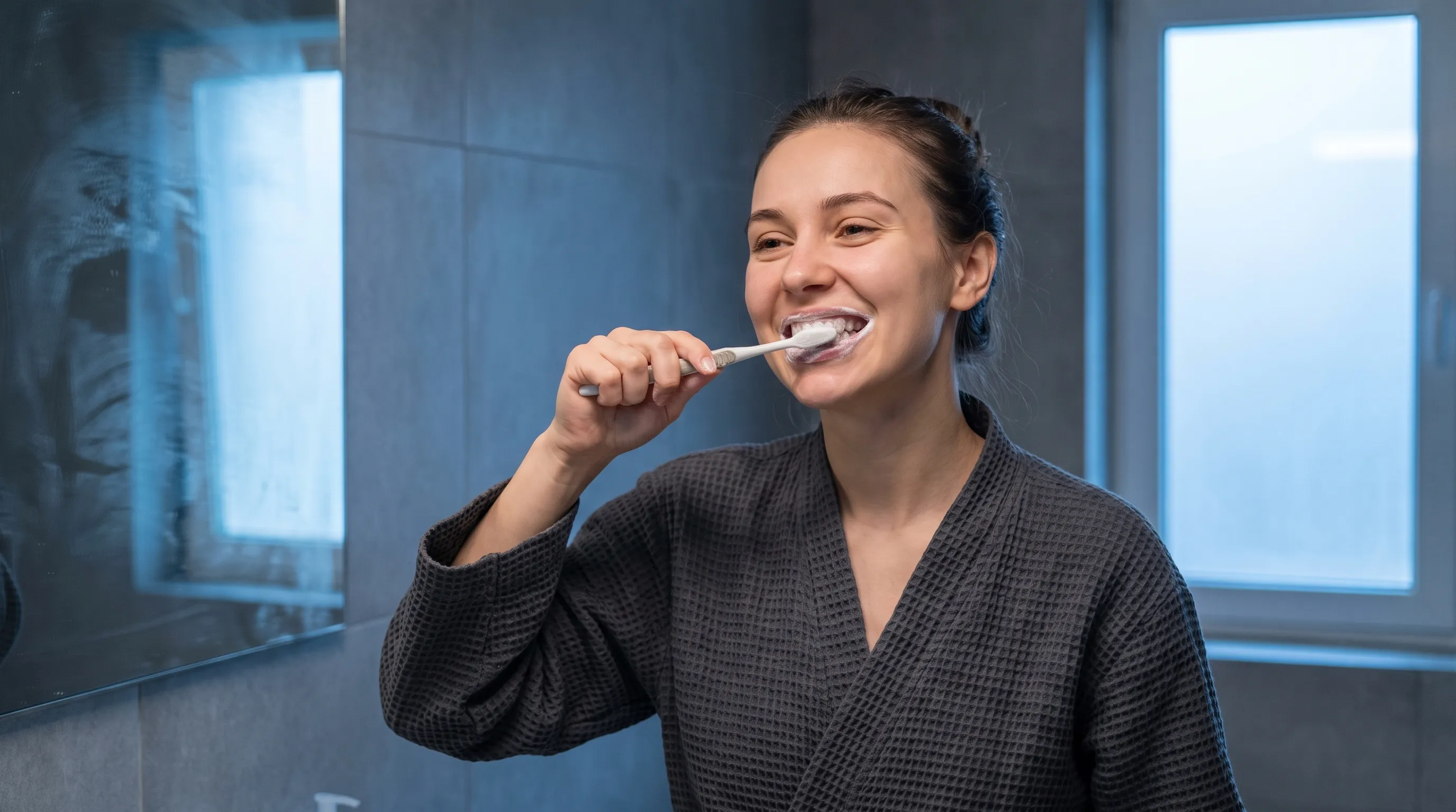 A close-up lifestyle photo of a smiling young adult brushing their teeth in a modern bathroom, emphasizing daily oral care routines with soft gray and blue lighting