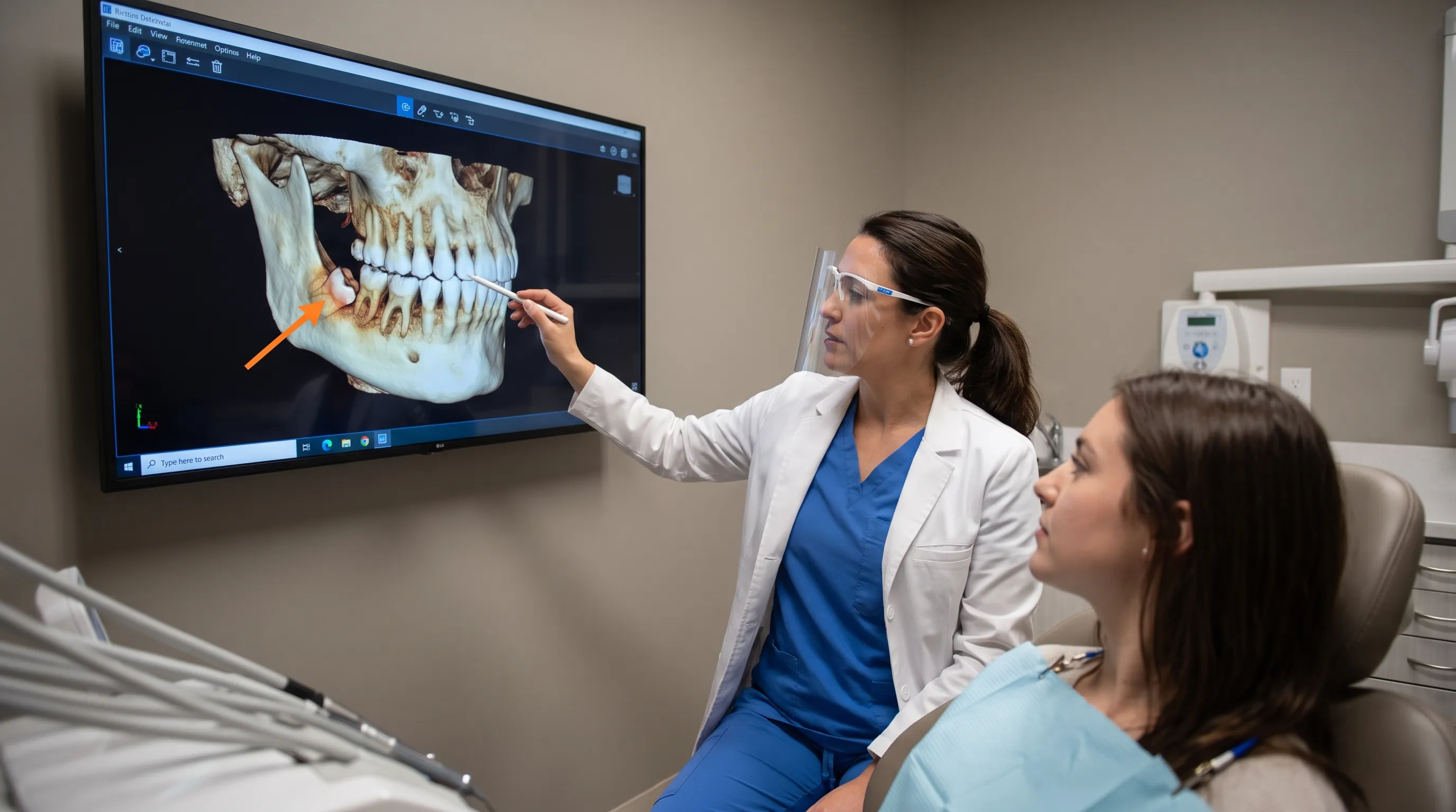 A dental professional pointing to a digital screen displaying a 3D cone beam CT scan of the lower jaw, highlighting wisdom tooth positioning in a professional clinic setting
