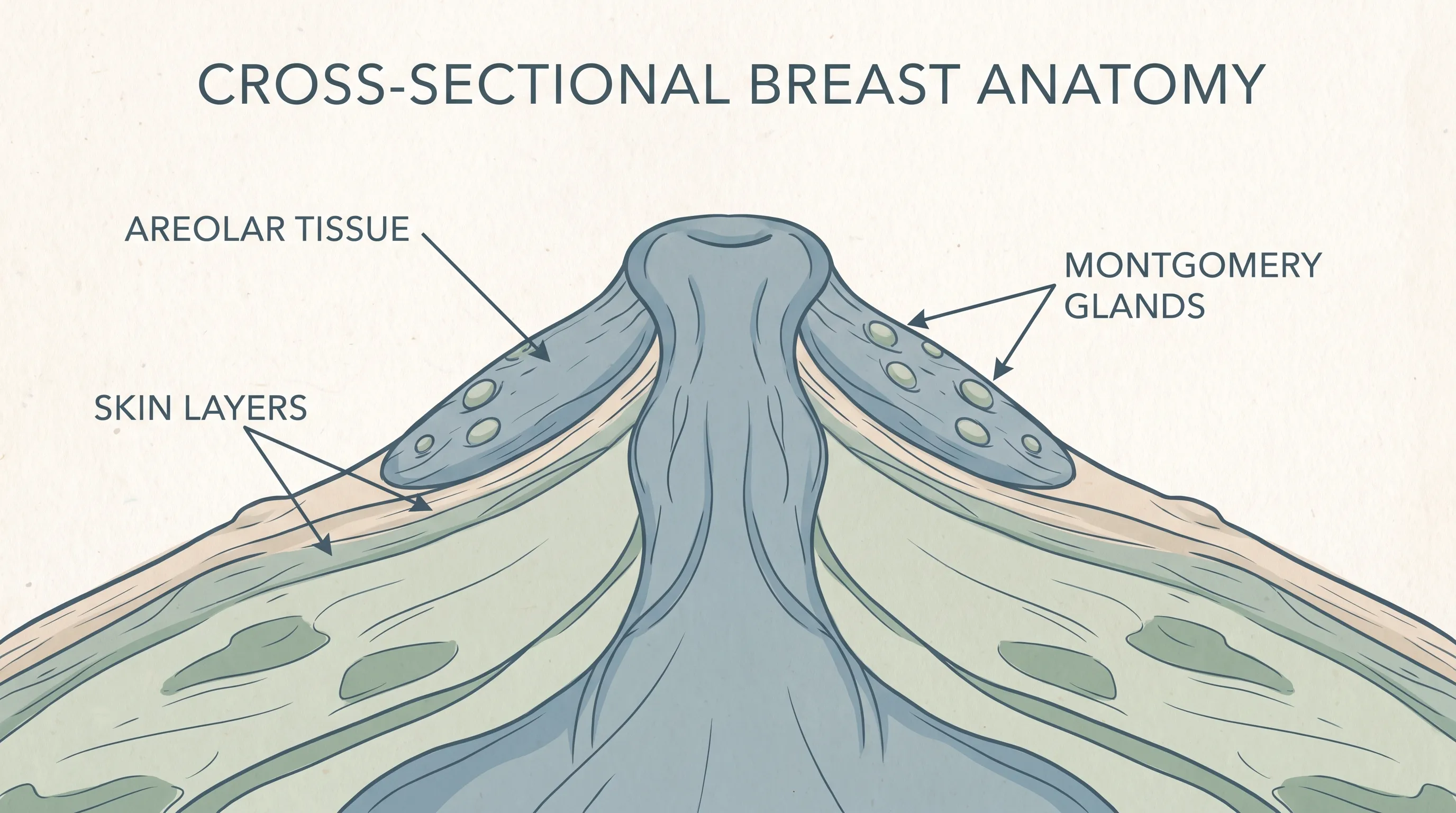 A detailed medical illustration showing breast cross-section anatomy with highlighted areolar tissue layers, Montgomery glands, and surrounding skin structure in clinical gray-blue tones