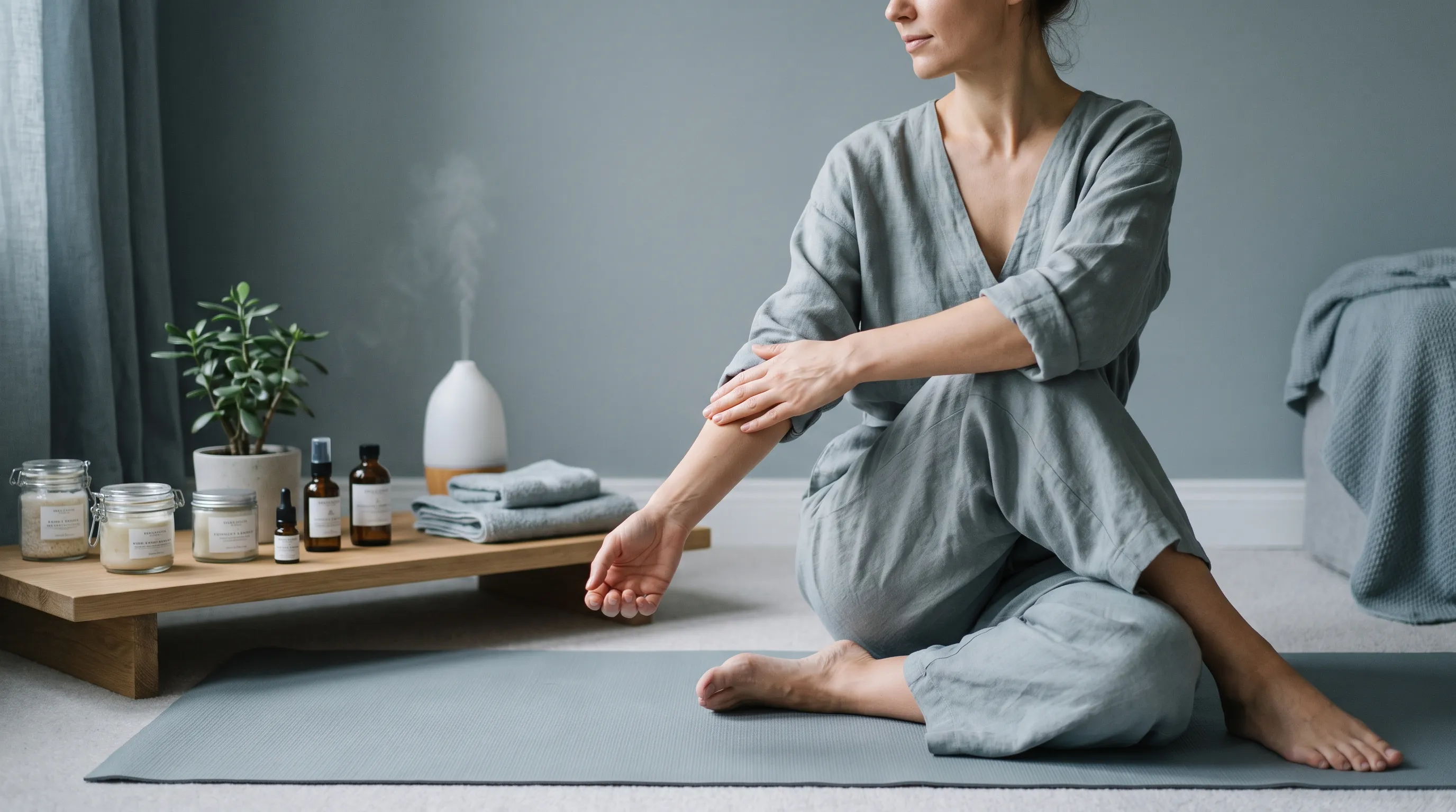 A wellness lifestyle photograph showing a person practicing gentle chest-opening stretches on a yoga mat with skincare products nearby, soft gray and blue color grading, professional health photography