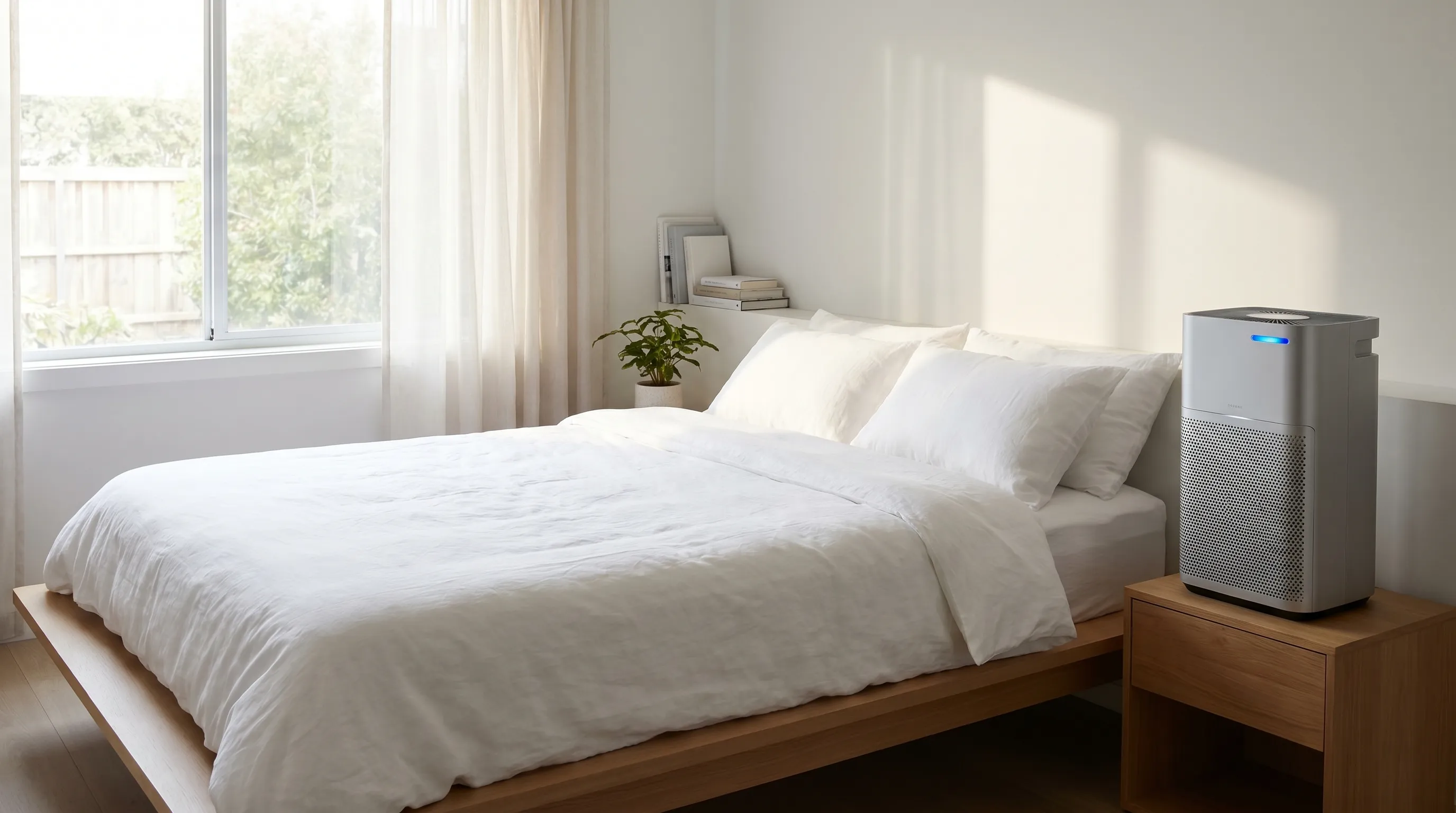 Clean, organized bedroom setup featuring hypoallergenic bedding, a HEPA air purifier running quietly, and sunlight streaming onto a neatly made bed, emphasizing a healthy sleep environment