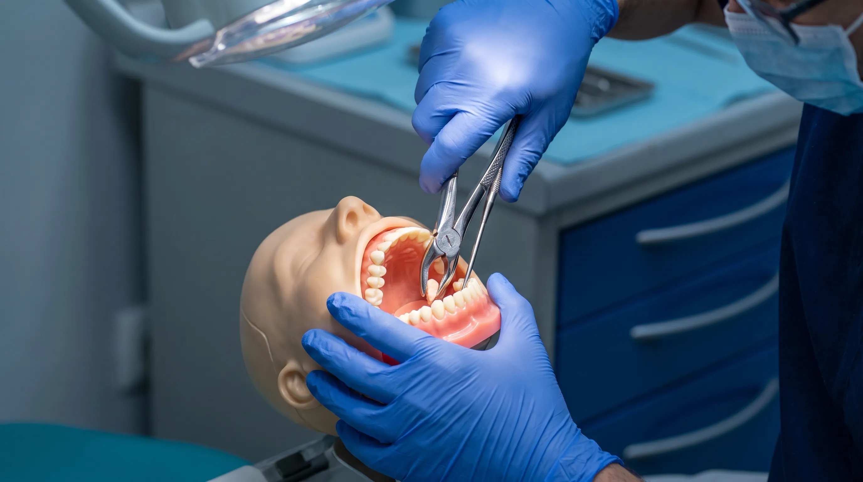 Eine Zahnärztin oder ein Zahnarzt untersucht unter klinischer Beleuchtung sorgfältig ein Zahnmodell mit Extraktionsinstrumenten