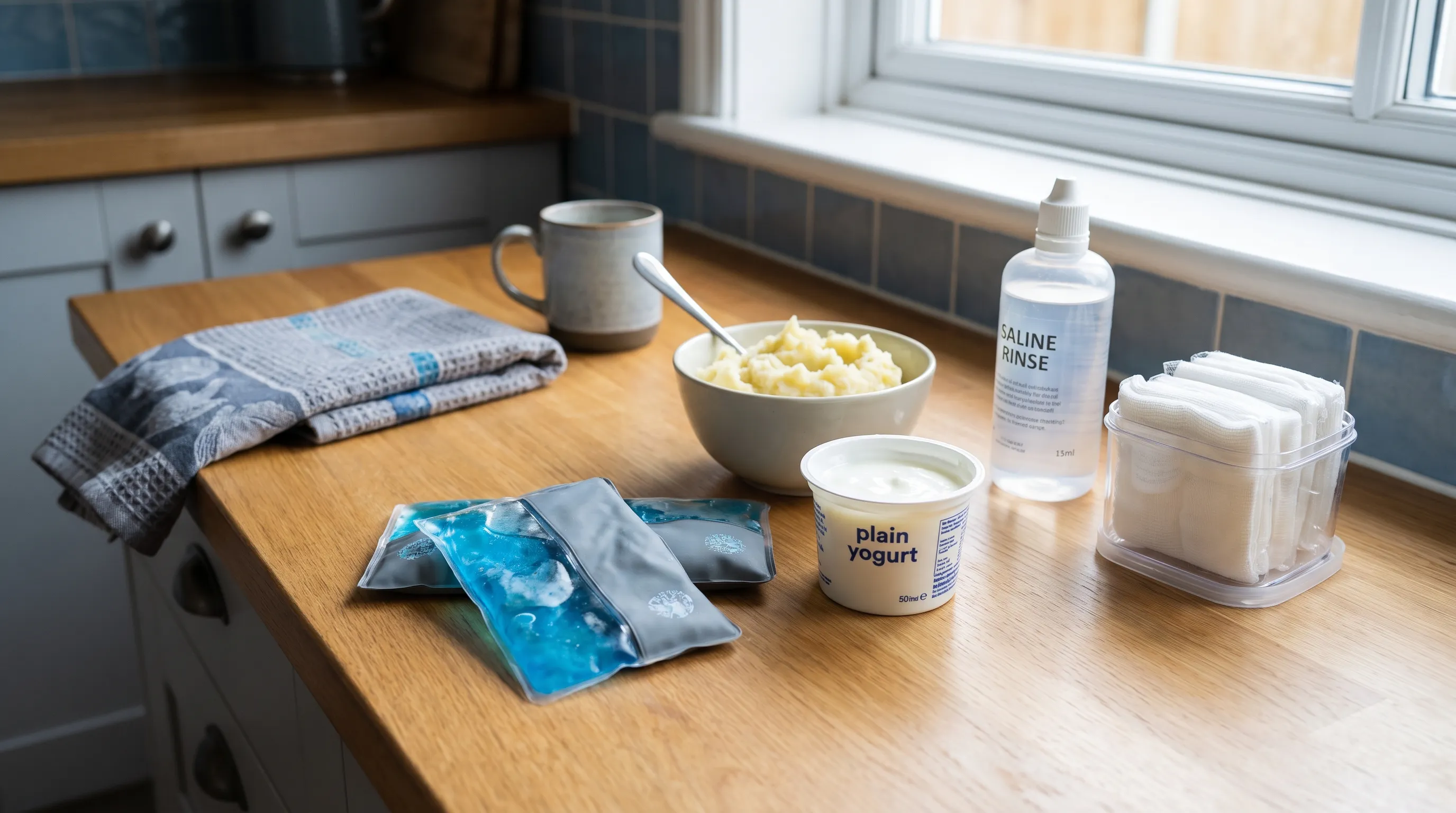 Eine Küchenarbeitsplatte mit Materialien für die Erholung nach einer Zahnbehandlung, darunter Kühlpacks, weiche Lebensmittel und eine Kochsalzspülung