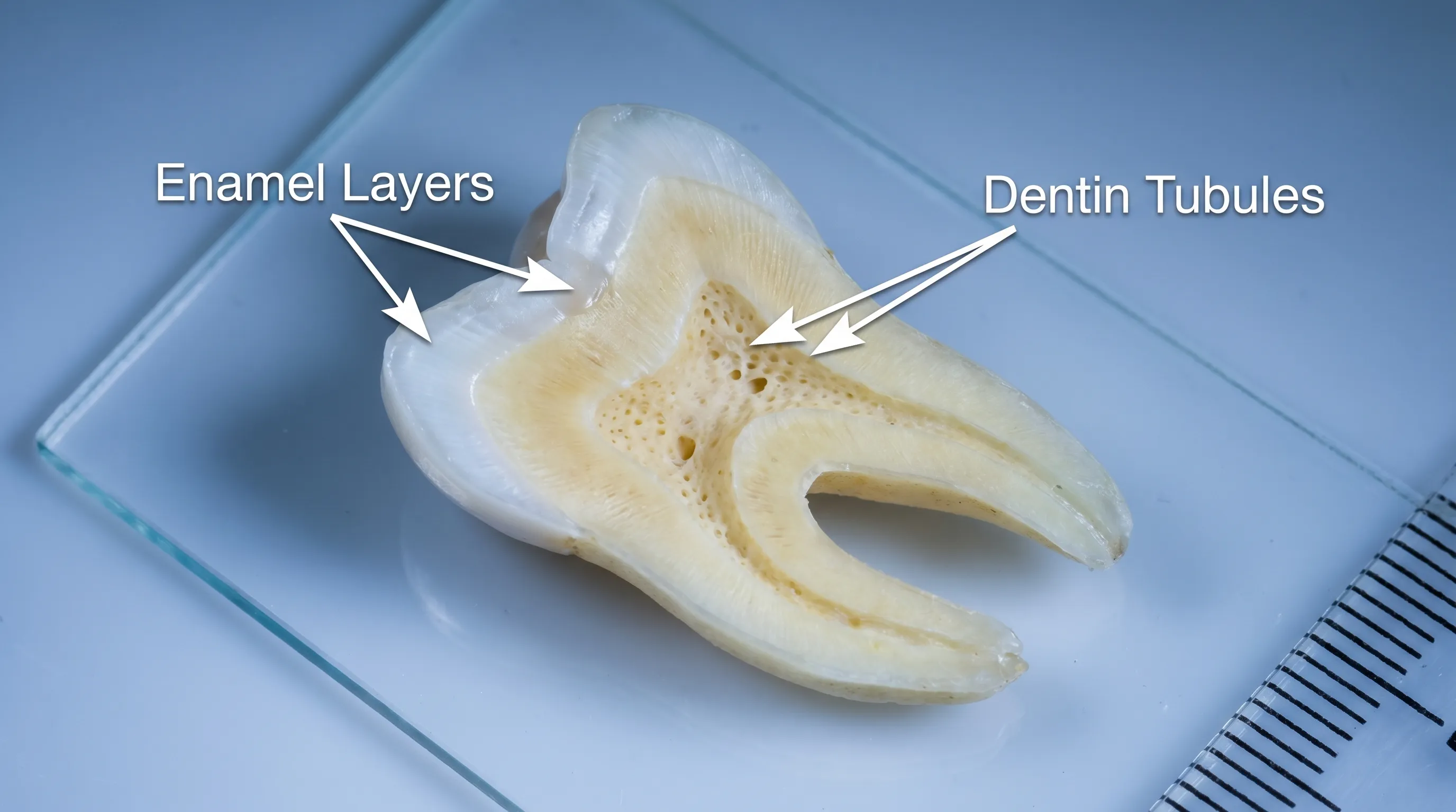 A detailed clinical illustration showing the internal anatomy of a human tooth with exposed dentin tubules and pulpal nerve fibers highlighted against a neutral medical background