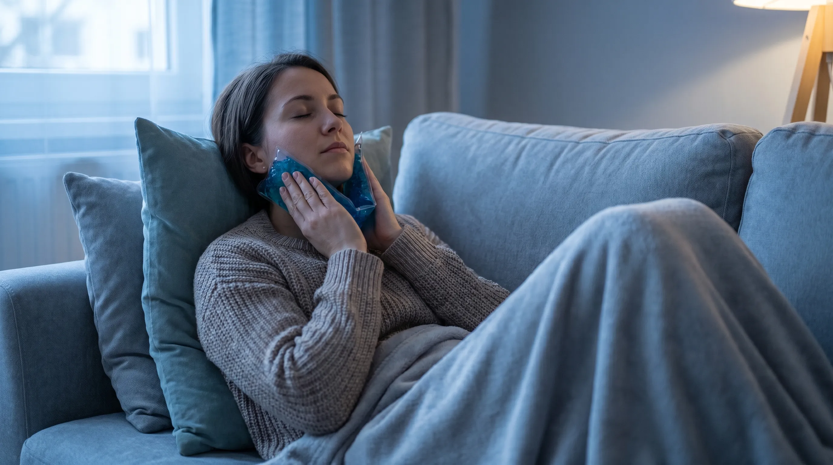 A person gently applying a cool compress to their cheek while seated in a calming environment, illustrating at-home relief methods for acute dental discomfort