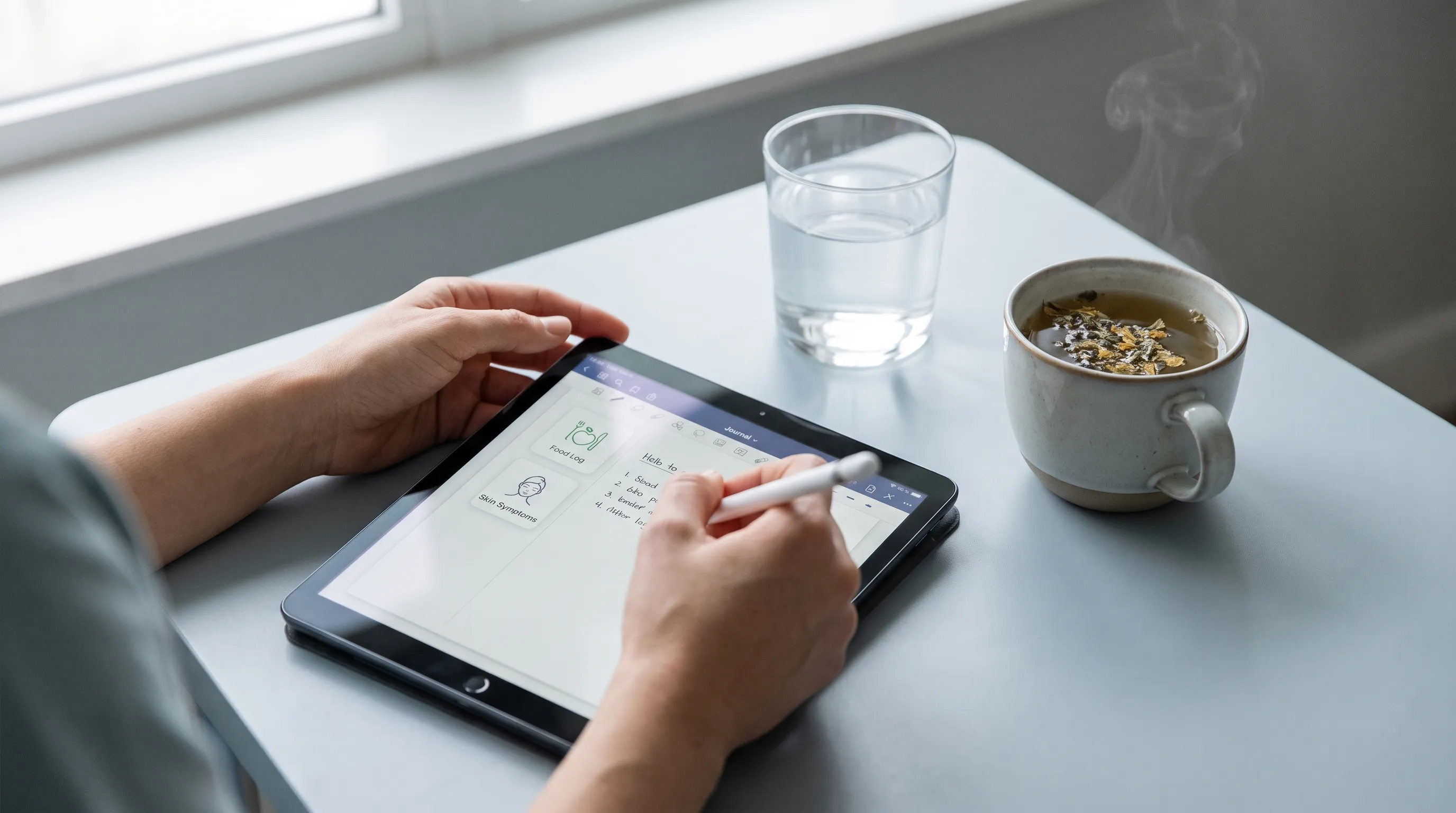 A close-up of a patient journaling food intake and skin symptoms on a tablet next to a glass of water and anti-inflammatory herbal tea, soft natural lighting, gray-blue clinical wellness tone, 4:3 ratio