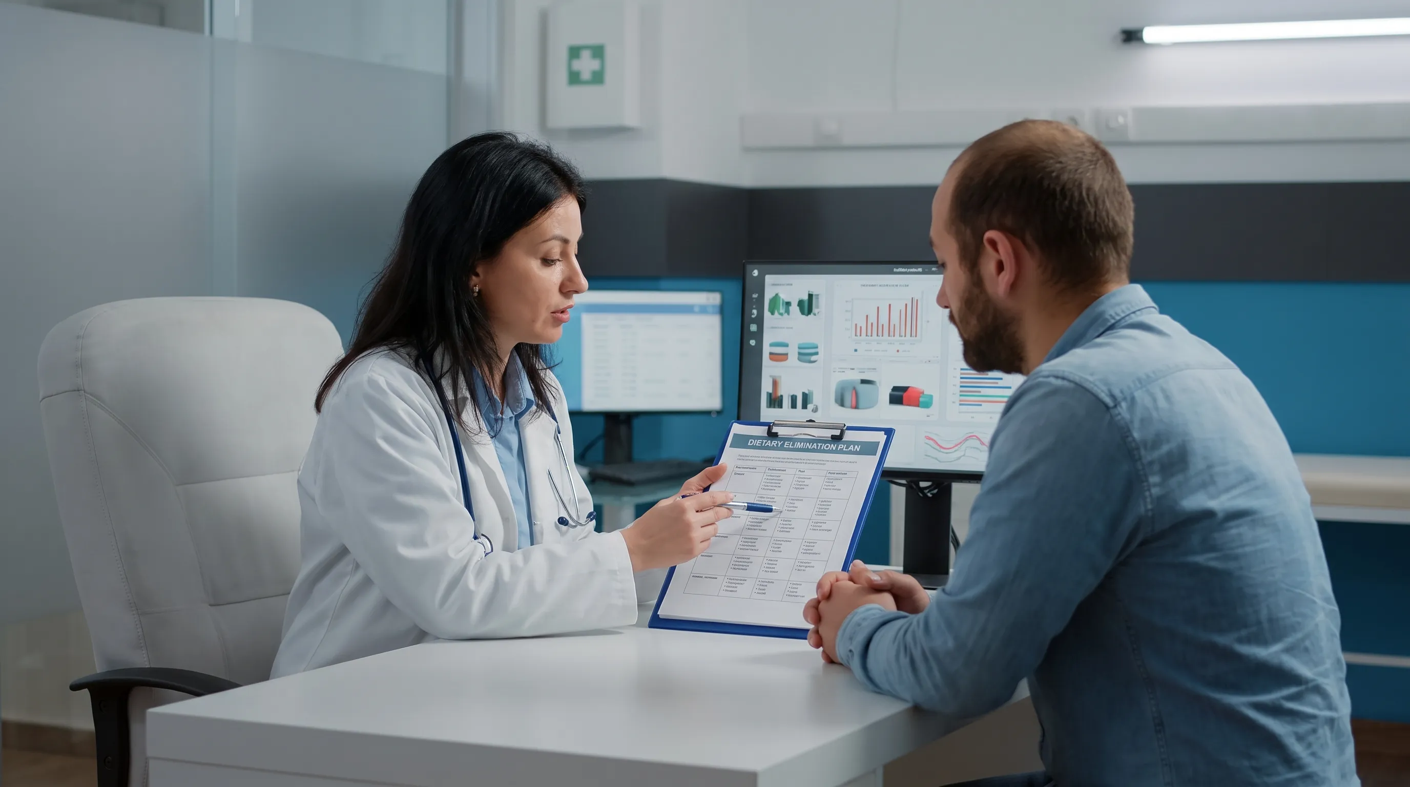 A dermatologist consulting with a patient reviewing a dietary elimination plan on a clipboard in a modern clinic, professional medical setting, calm gray and blue tones, 4:3 ratio