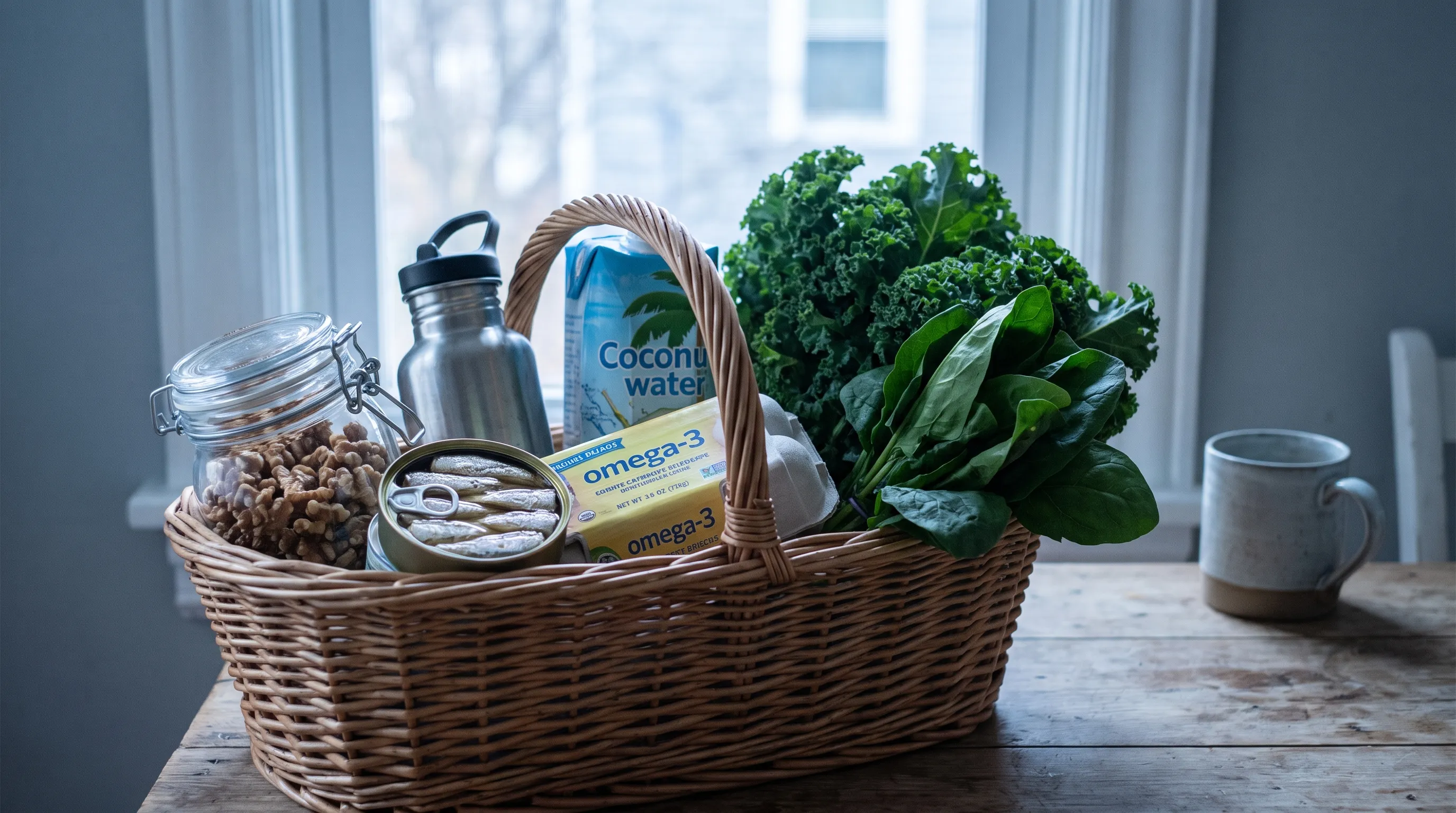 A neatly arranged grocery basket filled with fresh omega-3 rich foods, leafy greens, and hydration essentials, photographed with a lifestyle health aesthetic in gray and blue lighting, 4:3 ratio