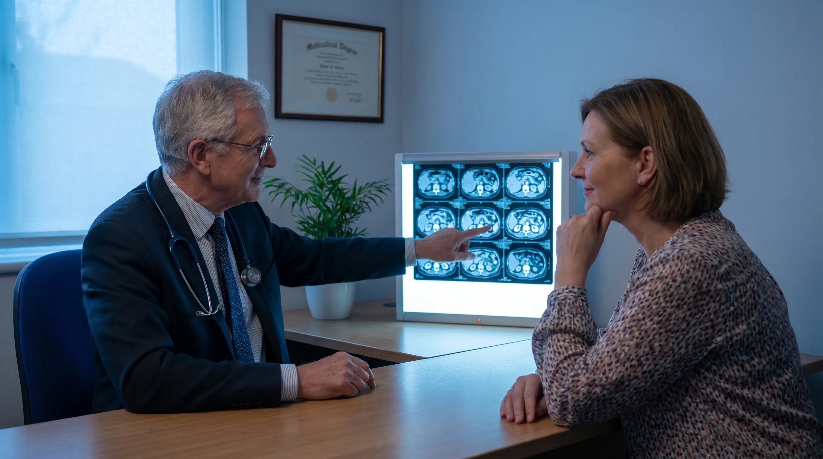 A multidisciplinary medical team reviewing pancreatic cancer imaging with a patient in a modern clinic