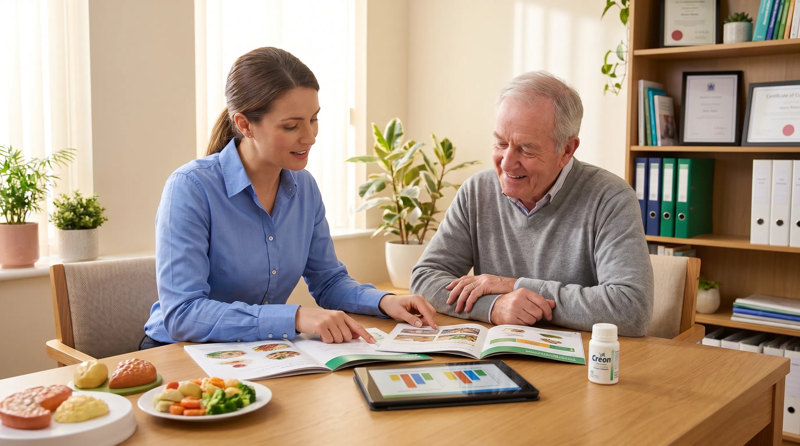 A healthcare nutritionist and a patient reviewing dietary plans and pancreatic enzyme replacement therapy options