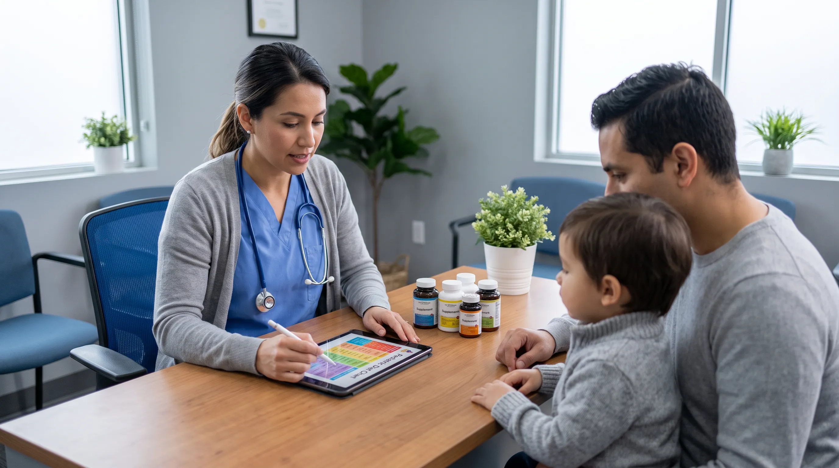 Pediatric nutritionist consulting with parents over a child's dietary chart and fiber supplement bottles, calm clinical office setting, gray and blue tones