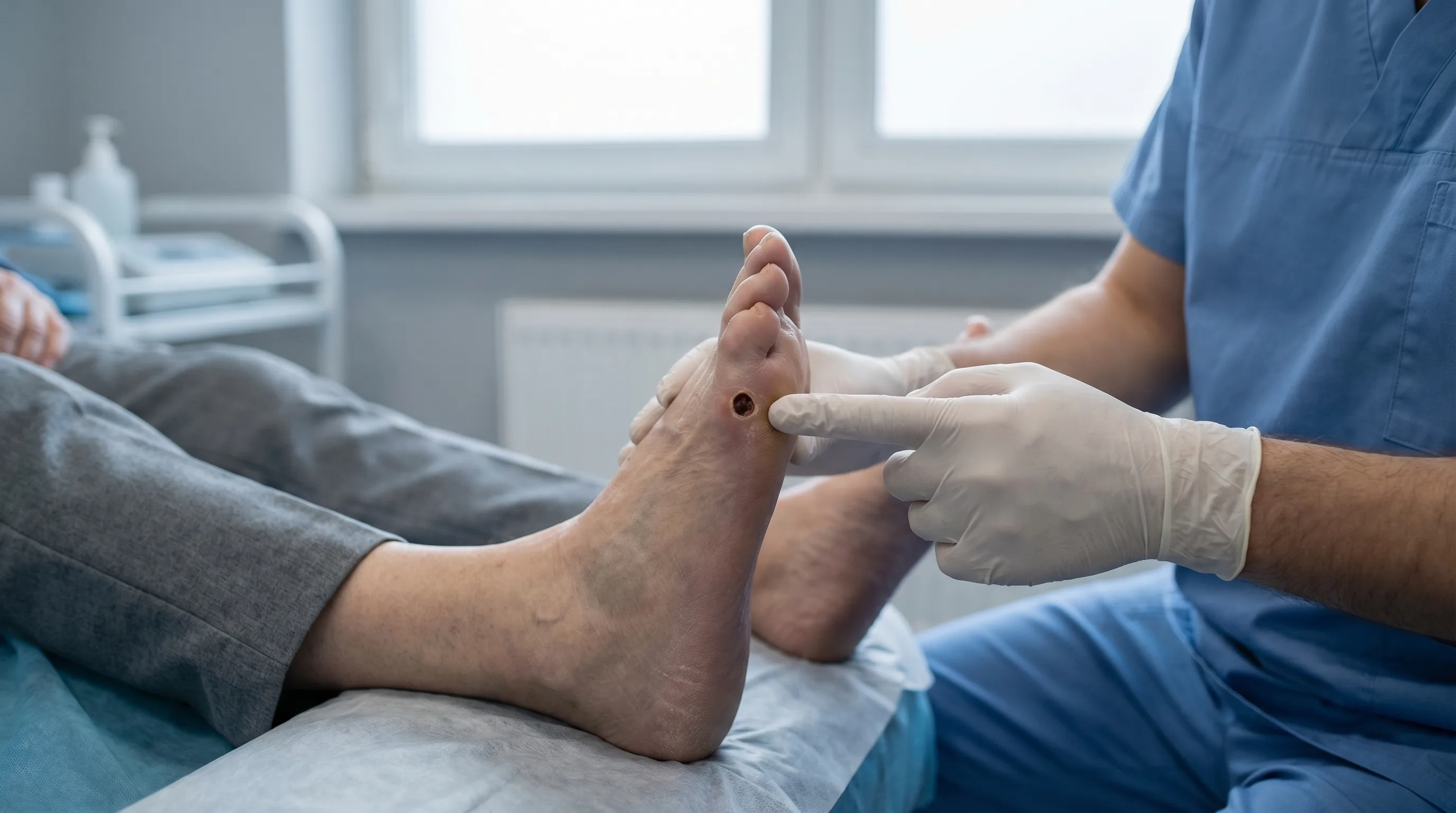 An arterial ulcer on a toe with a characteristic round, punched-out appearance and dark, necrotic tissue in the center.