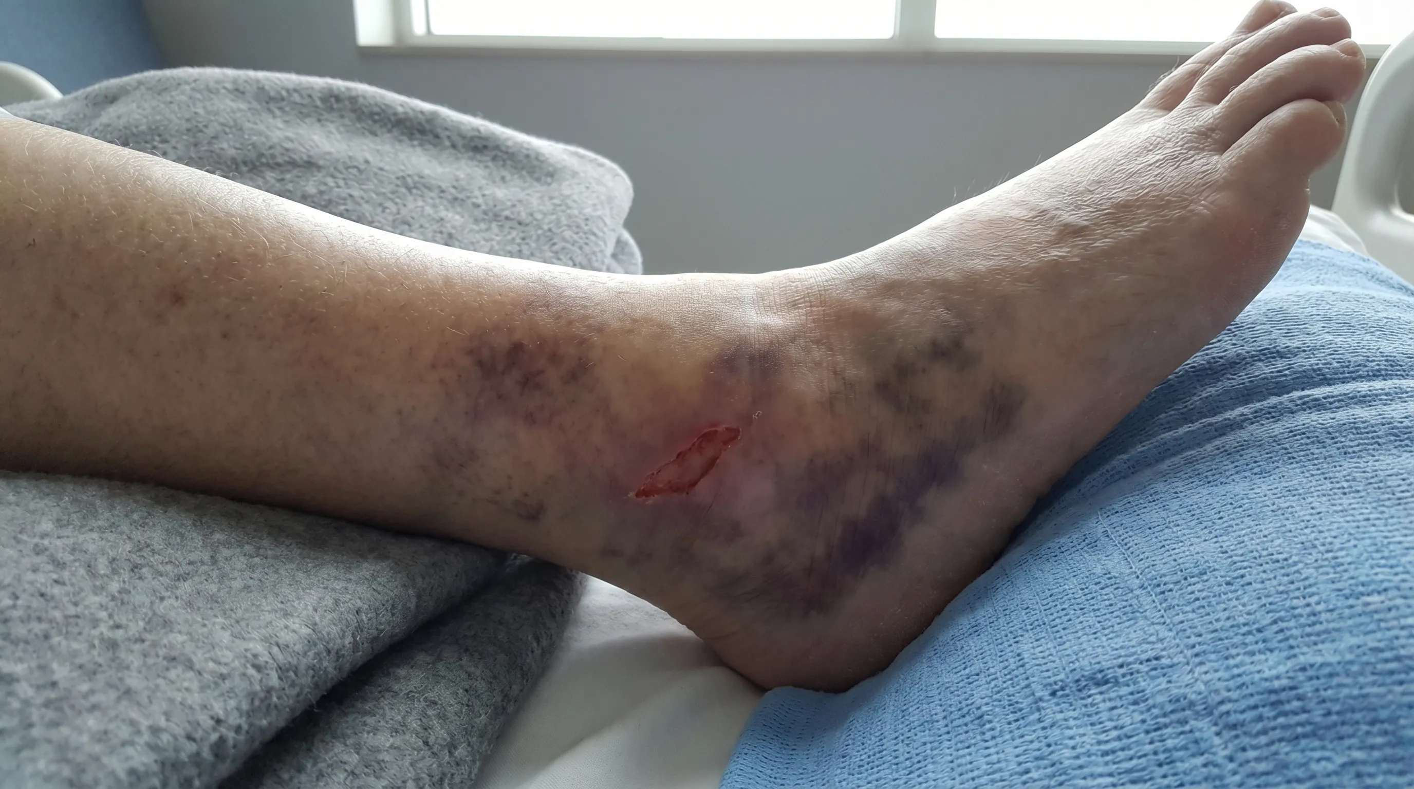 A venous ulcer located on the inner ankle, appearing shallow with irregular borders and surrounding skin that is dark and discolored.