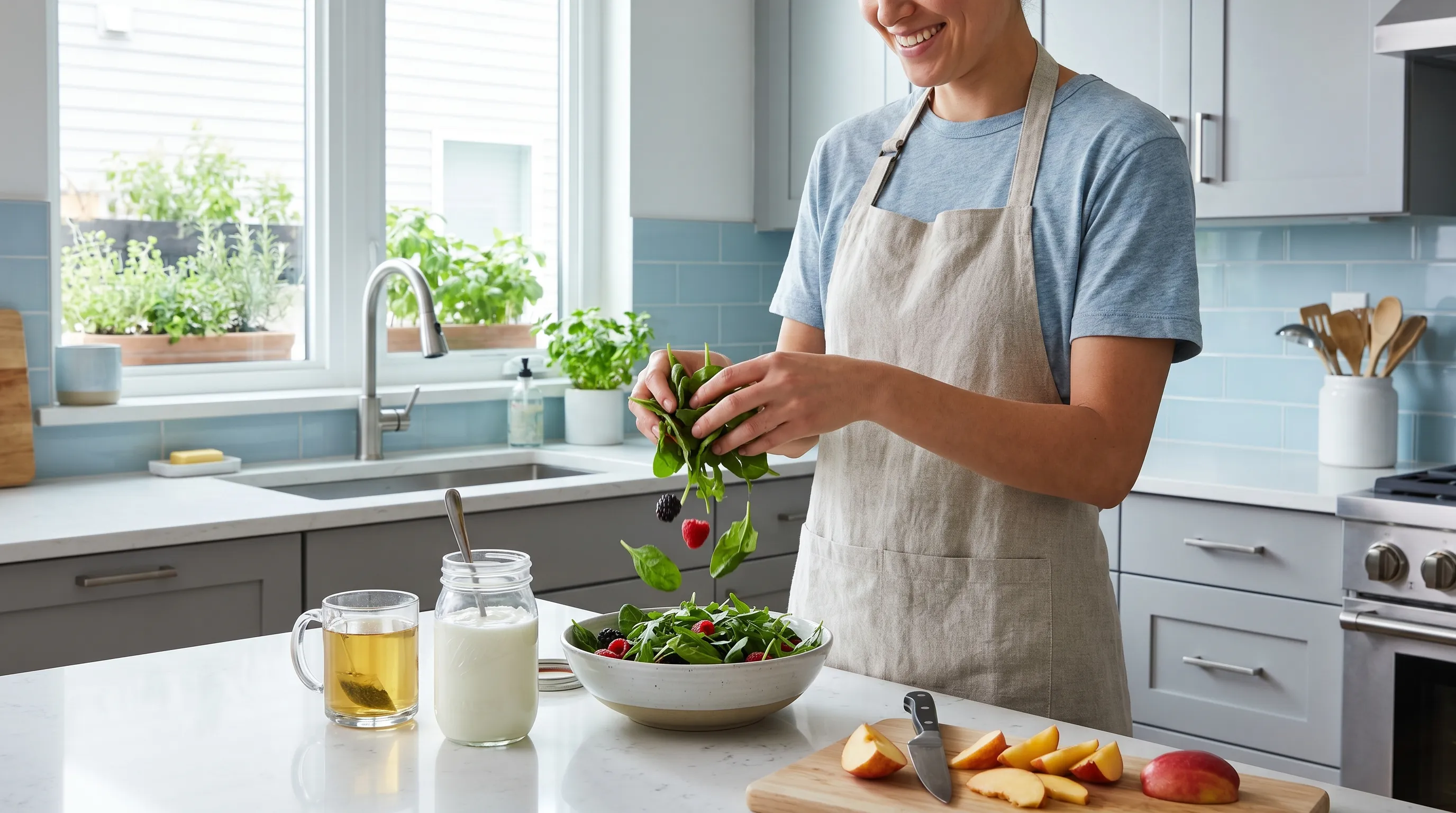 A health-conscious individual preparing a gut-friendly meal with fresh leafy greens, probiotic yogurt, and herbal tea in a clean, well-lit modern kitchen, rendered in soft gray and blue tones for a professional wellness aesthetic