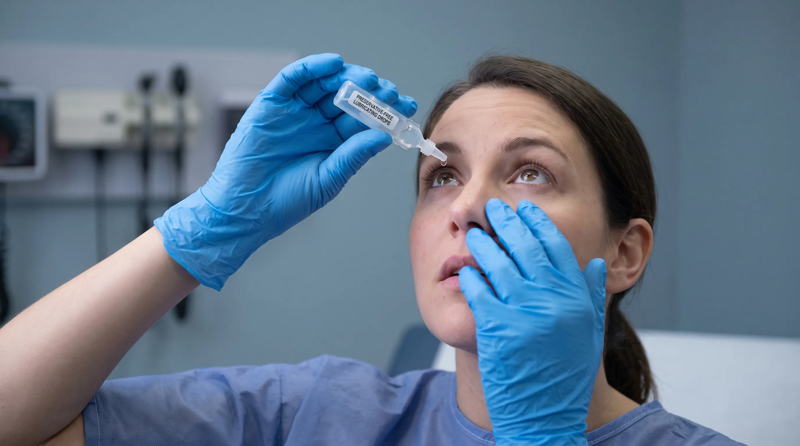 Fotografía médica en primer plano de una persona que aplica suavemente gotas lubricantes para los ojos sin conservantes, con iluminación clínica suave y una paleta azul grisácea serena que enfatiza el autocuidado ocular seguro