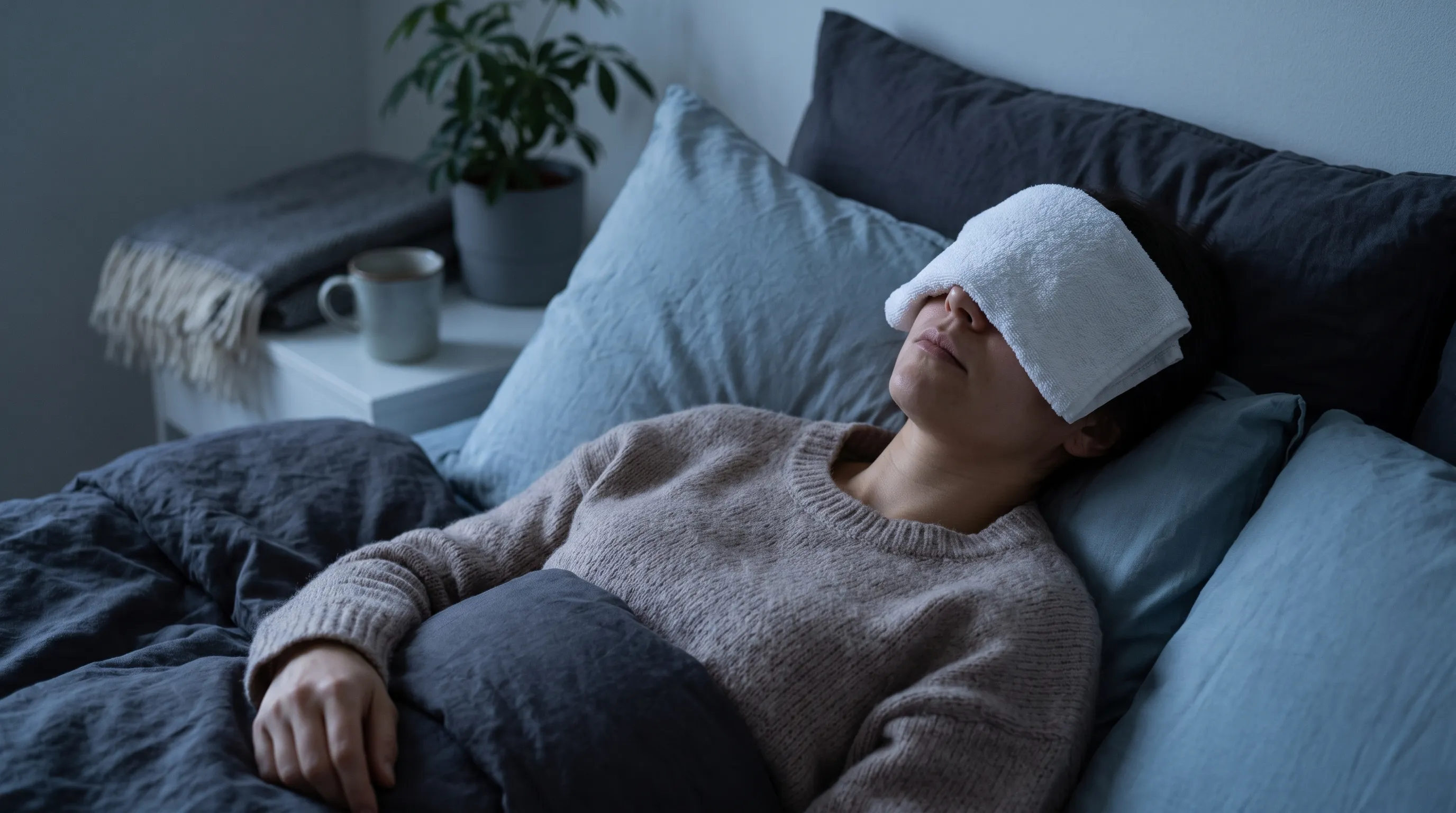 Fotografía de bienestar que muestra a una persona descansando con una compresa limpia y tibia sobre los ojos cerrados en una habitación tranquila e iluminada suavemente, con tonos grises y azules neutros, que ilustra autocuidado delicado y relajación ocular