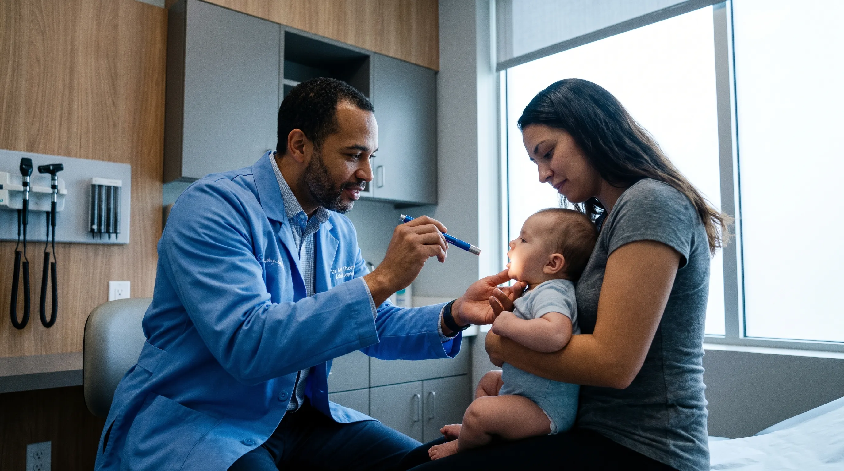 A pediatrician in a blue coat gently examining an infant's throat with a medical light in a modern clinic setting, professional lighting, gray and blue color palette, 4:3 ratio
