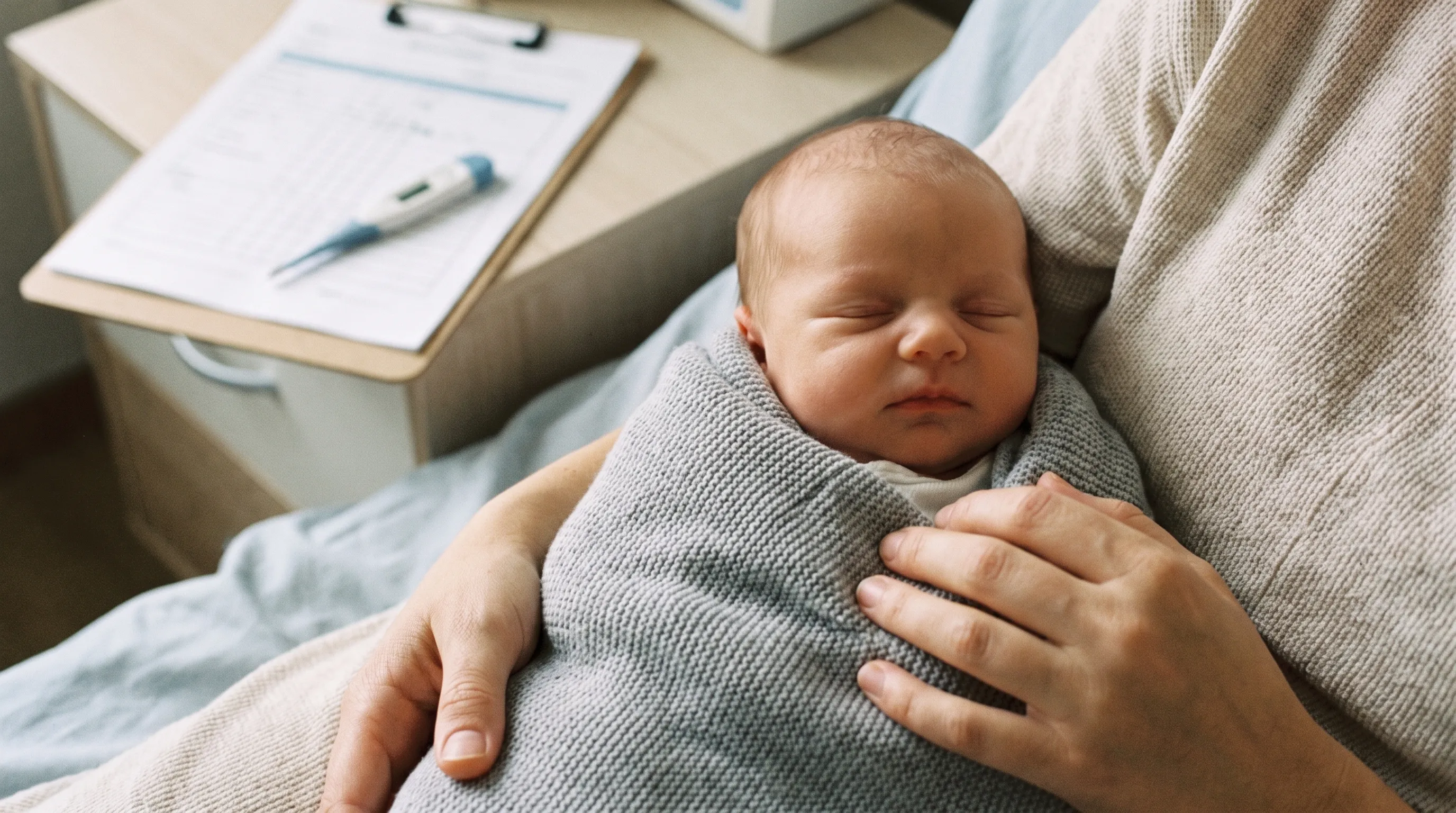 A close-up of a newborn wrapped in a soft gray blanket resting peacefully on a parent's lap, with a subtle medical chart and thermometer in the blurred background, calm tones, 4:3 ratio