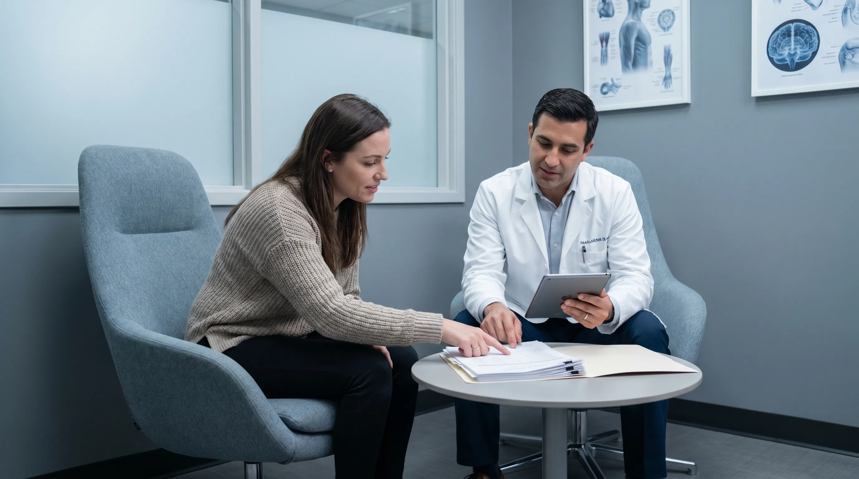 Woman discussing hormone therapy with a doctor in a modern clinic
