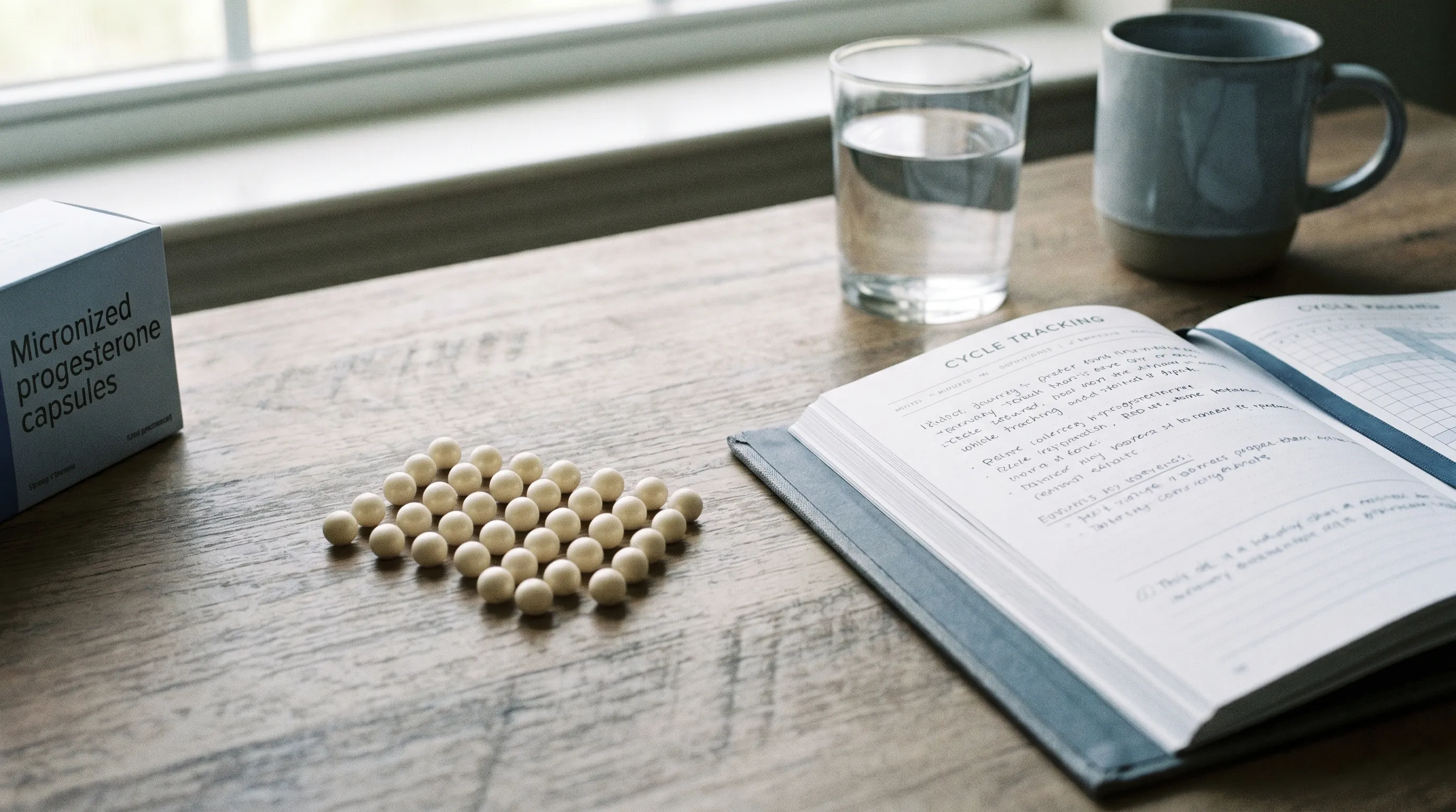 Close-up of progesterone capsules next to a prescription pad and wellness journal