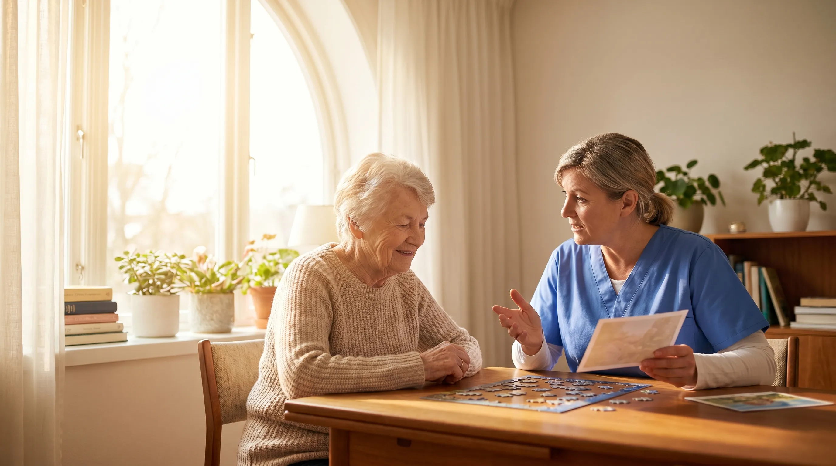 A senior individual participating in gentle morning stretching with a caregiver near a large, sunlit window to help regulate circadian rhythms, professional healthcare photography style with calming blue and gray tones