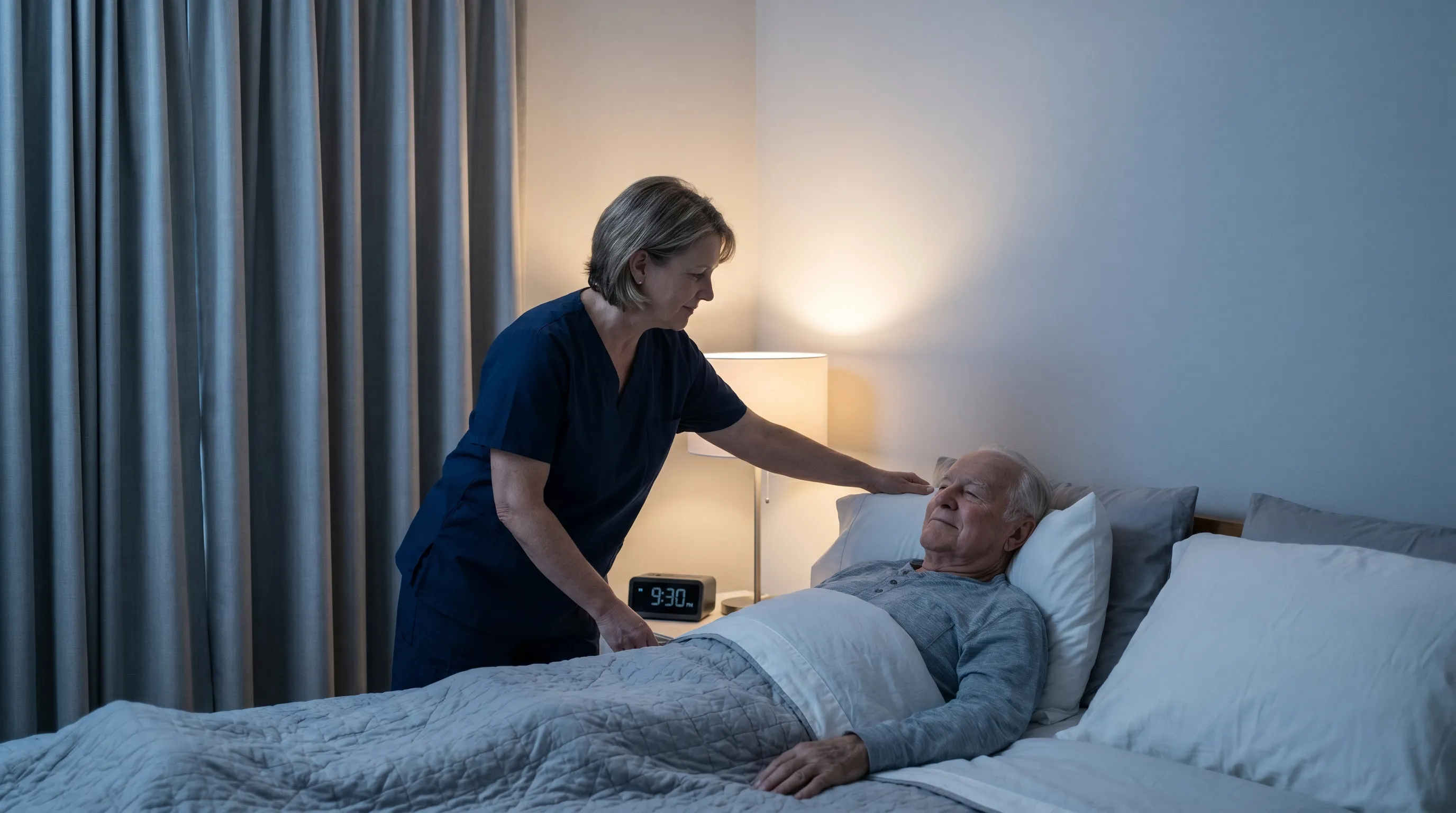 A healthcare professional adjusting bedding and checking comfort positioning for a resting senior in a well-lit, organized care room, emphasizing safe sleep environment practices