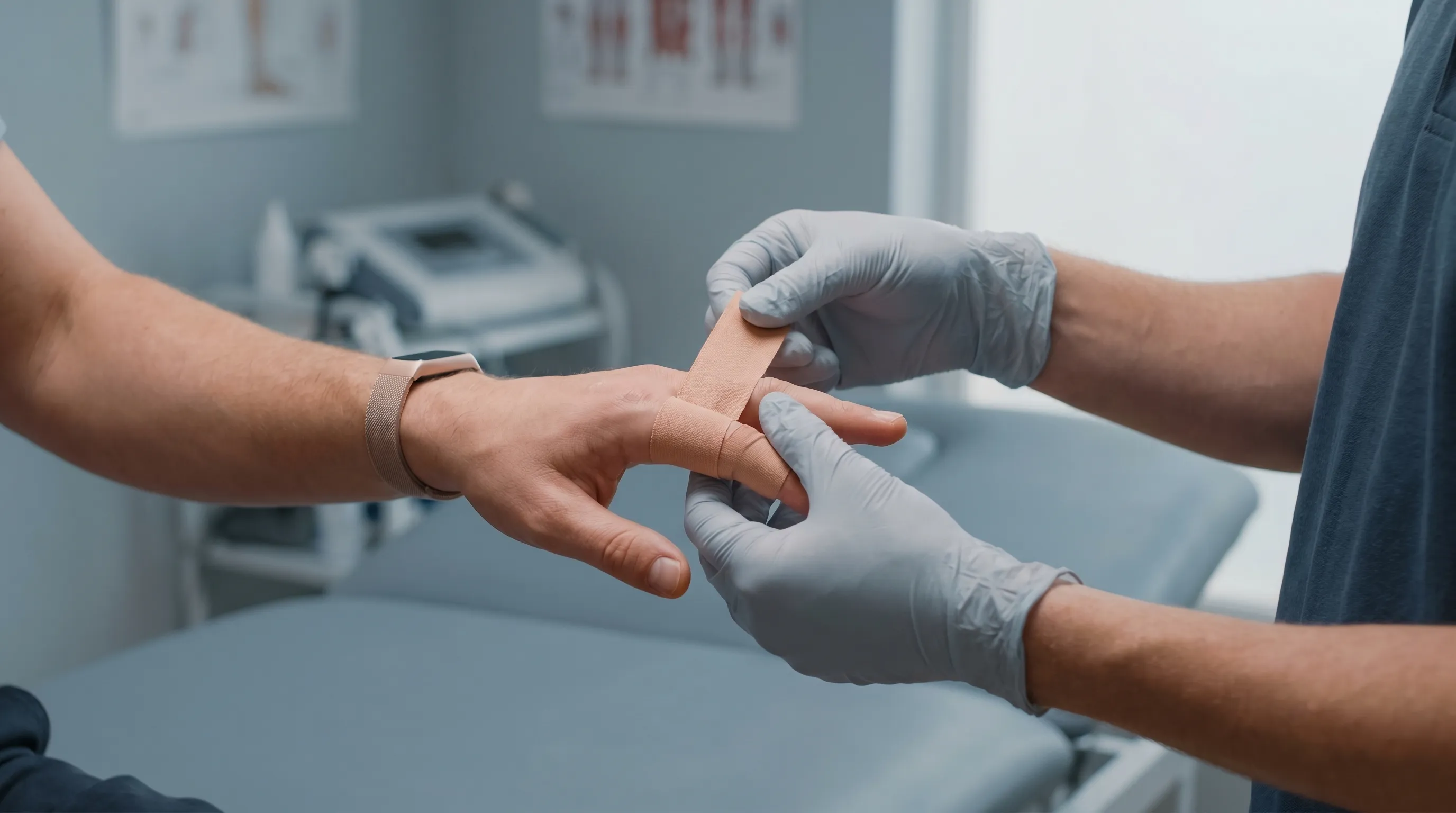 Close-up of a physical therapist demonstrating proper buddy taping technique between two fingers on an athletic patient's hand, clinical setting with soft lighting, gray and blue color grading