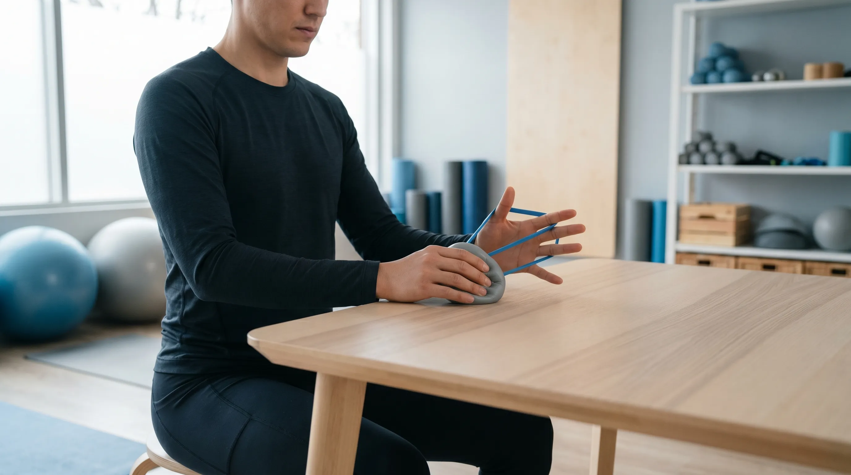 Athlete performing controlled finger resistance exercises using a therapy putty and rubber band set, modern wellness studio background, professional health photography style, muted blue and gray tones