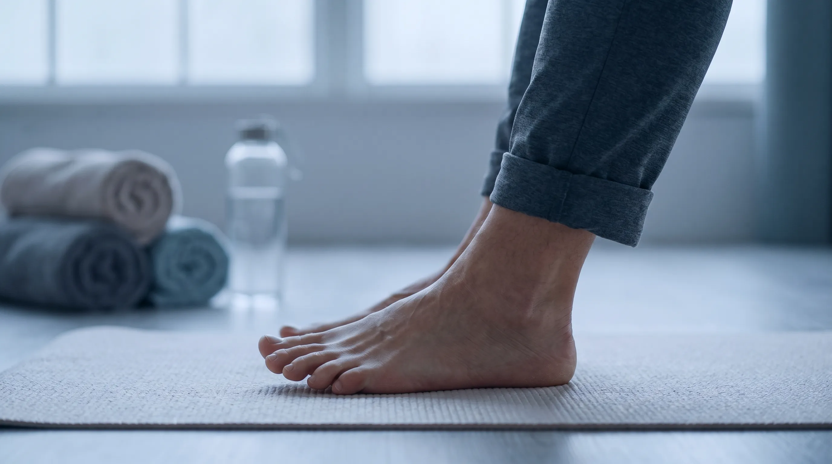 A close-up, clinically accurate lifestyle photo of a barefoot adult demonstrating toe spreading exercises on a clean surface, soft blue and gray lighting, wellness photography style