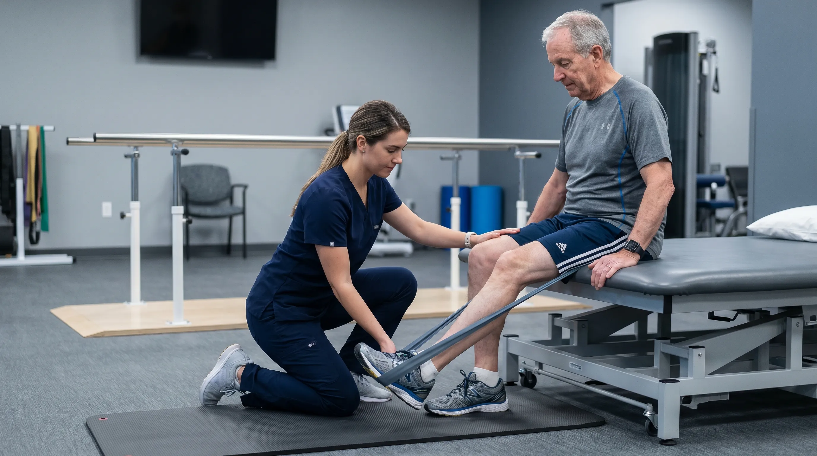A physical therapy setting showing a practitioner guiding a patient through ankle mobility and nerve gliding techniques, professional healthcare environment, gray and blue color grading, 4:3 composition
