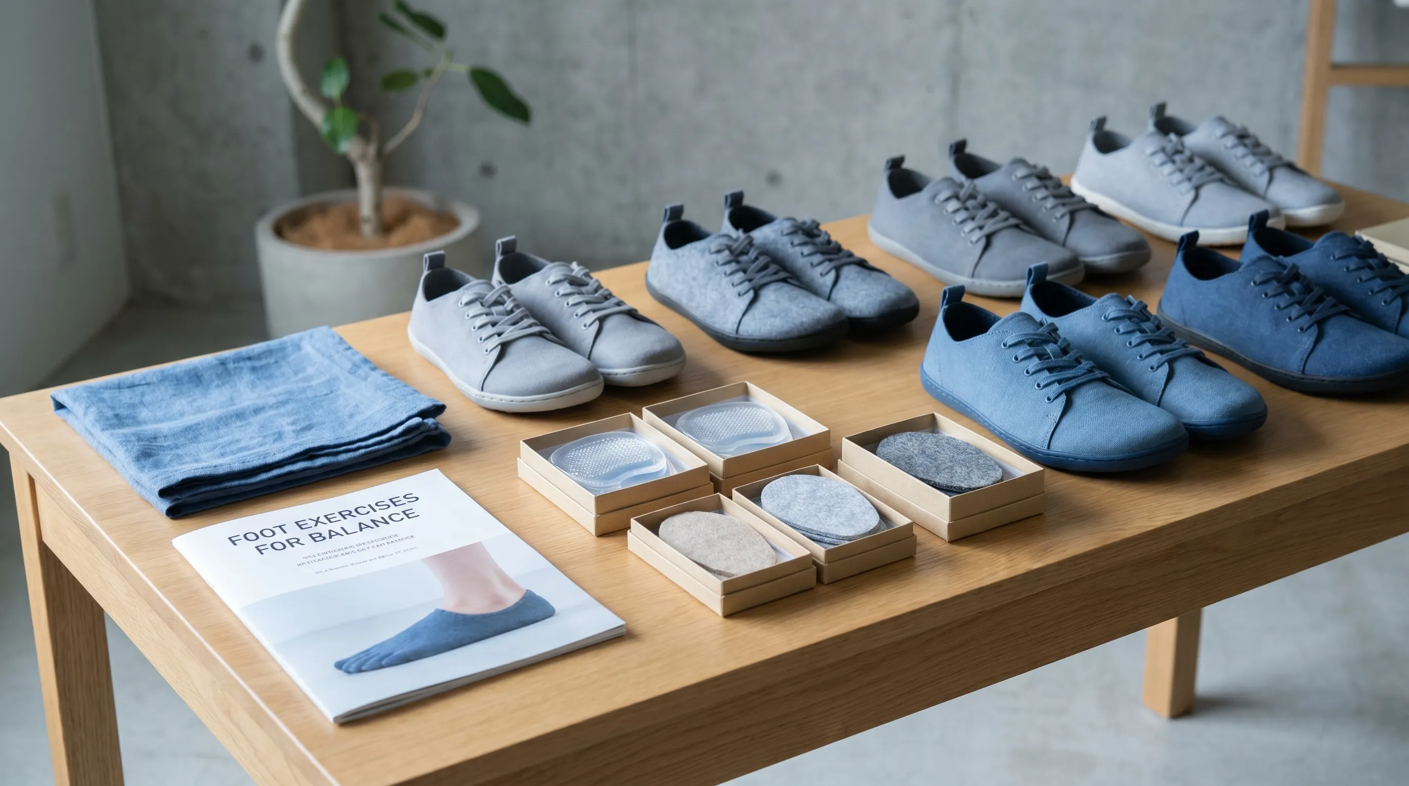 A neatly arranged display of wide-toe-box shoes, metatarsal pads, and a folded towel for foot exercises, minimalist wellness composition, cool gray and blue tones