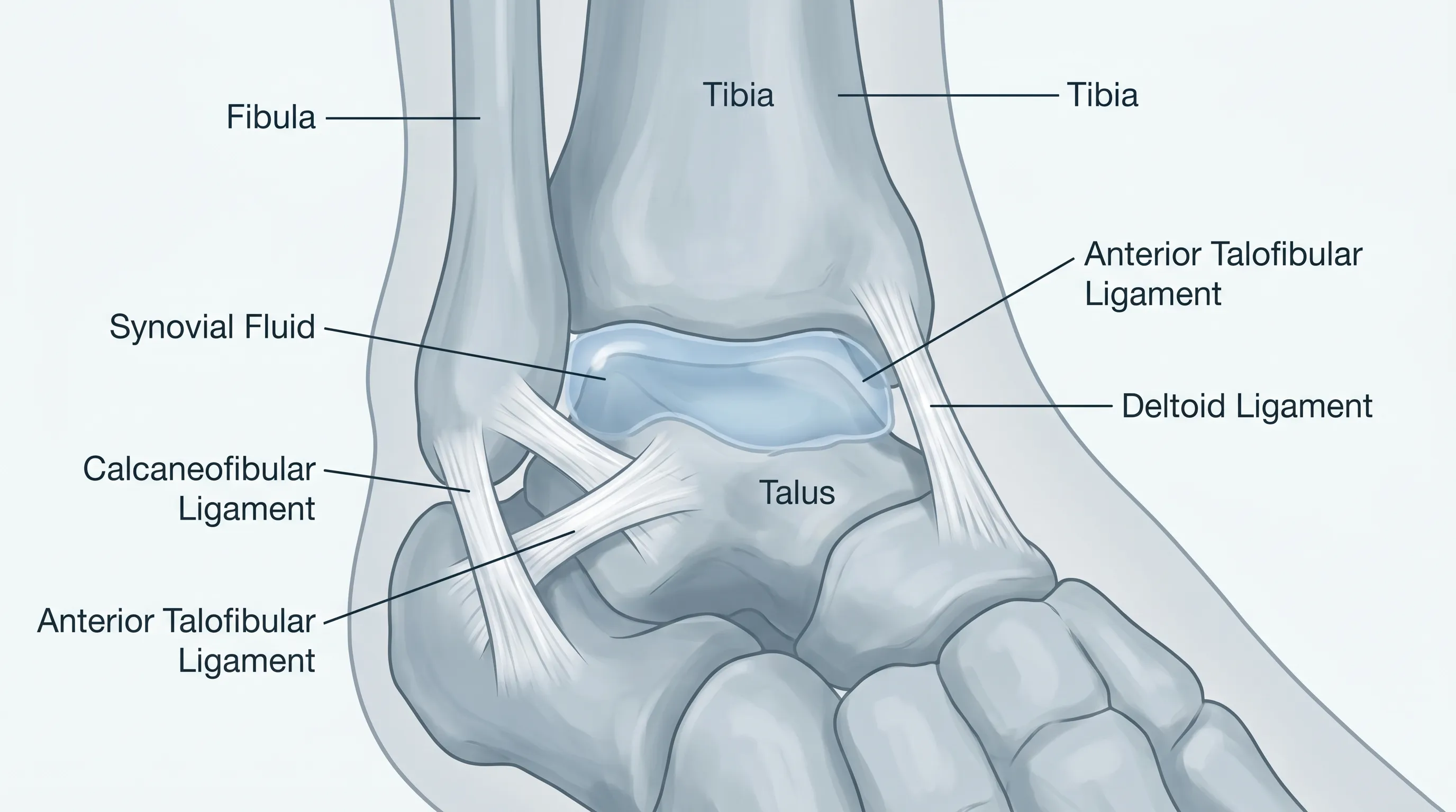 Detailed medical illustration showing the internal structures of the lower joint, highlighting synovial fluid, ligaments, tendons, and cartilage layers in a clinical blue-gray color scheme