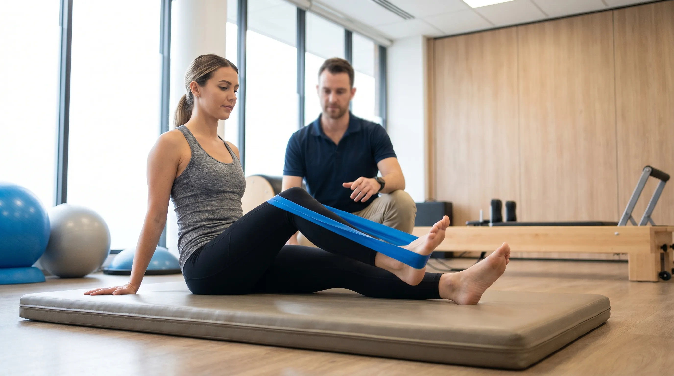 Person performing targeted ankle strengthening exercises using a resistance band on a therapy mat in a bright, professional rehabilitation setting